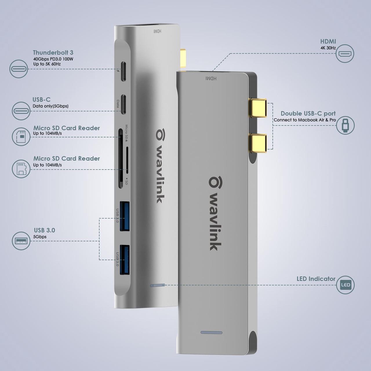 Alt view image 2 of 7 - Wavlink USB C Hub, Type C Adapter Mini Docking Station with 4K HDMI Port, 2 USB 3.0, TF/SD Card Reader, USB-C PD3.0 100W  and Thunderbolt 3, LED indicator For MacBook Pro for MacBook Pro/Air