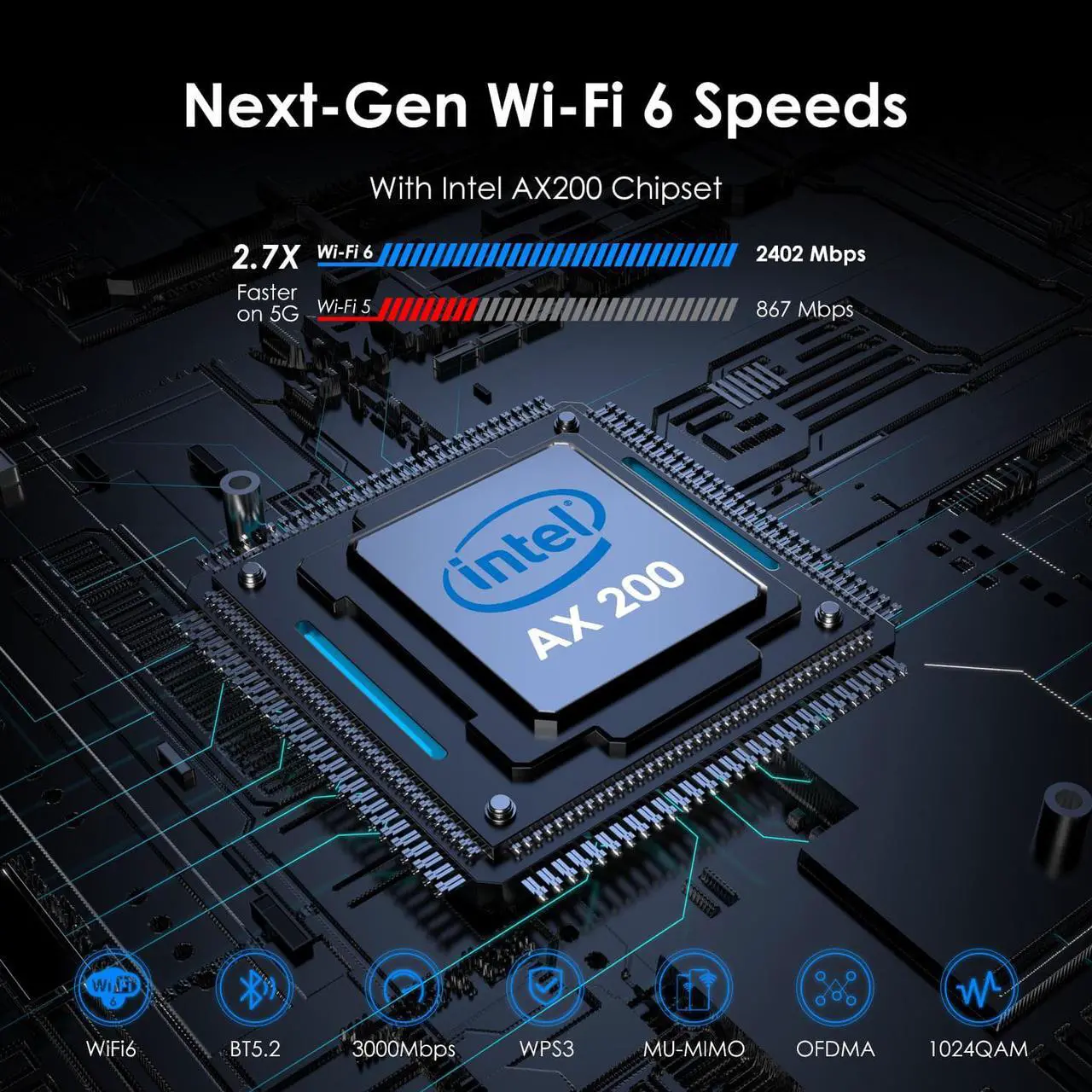 Alt view image 3 of 7 - Wavlink AX3000 WiFi 6 PCIe WiFi Card Bluetooth 5.2 Intel AX200 WiFi 6 Card Dual Band 2.4G/5G Network Card 802.11ax, 3000Mbps WiFi Adapter with MU-MIMO, OFDMA, Heat Sink, WPA3, For Windows 11,10 64bit