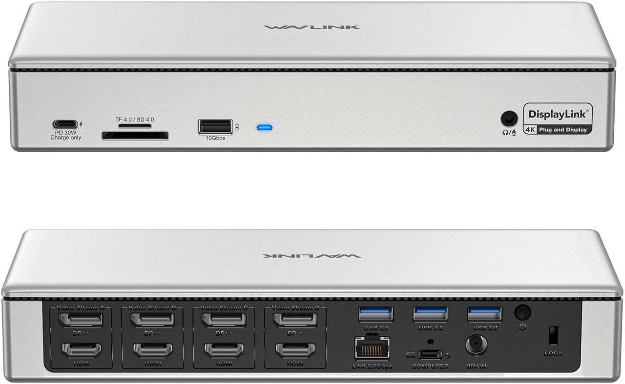 Main image of WAVLINK DisplayLink Docking Station Quad Monitors 5K 4K@60Hz, 19-In-1 USB C/USB A Laptop Dock for M1 M2 Mac & Windows Laptops with 4 HDMI, 4 DP, 2.5G RJ45, 180W AC Power Supply, 10Gbps Data Transfer