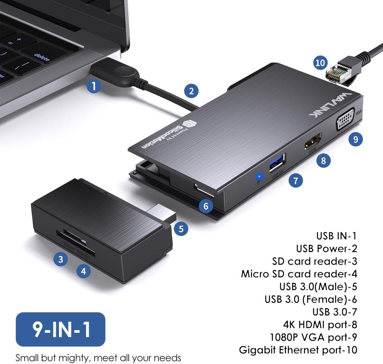 Alt view image 2 of 7 - Wavlink USB3.0 Laptop Dock, Multiport Adapter Travel Mini Dock, 9-in-1 USB HUB with 4K HDMI and 1080P VGA, 2x5Gbps USB3.0, Detachable SD/TF Card Reader, RJ45, for Mac/Windows/Android/Chrome