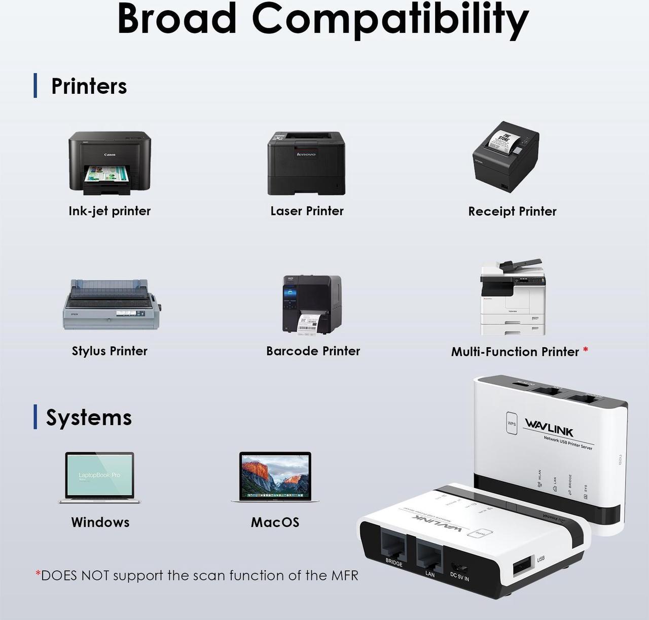 Alt view image 4 of 7 - WAVLINK USB Wireless Print Server, WiFi Print Server with 10/100Mbps LAN/Bridge, 480Mbps USB2.0, Support Wired/Wireless/Standalone Modes, Compatible with Windows/Mac and All RAW-supported Printers