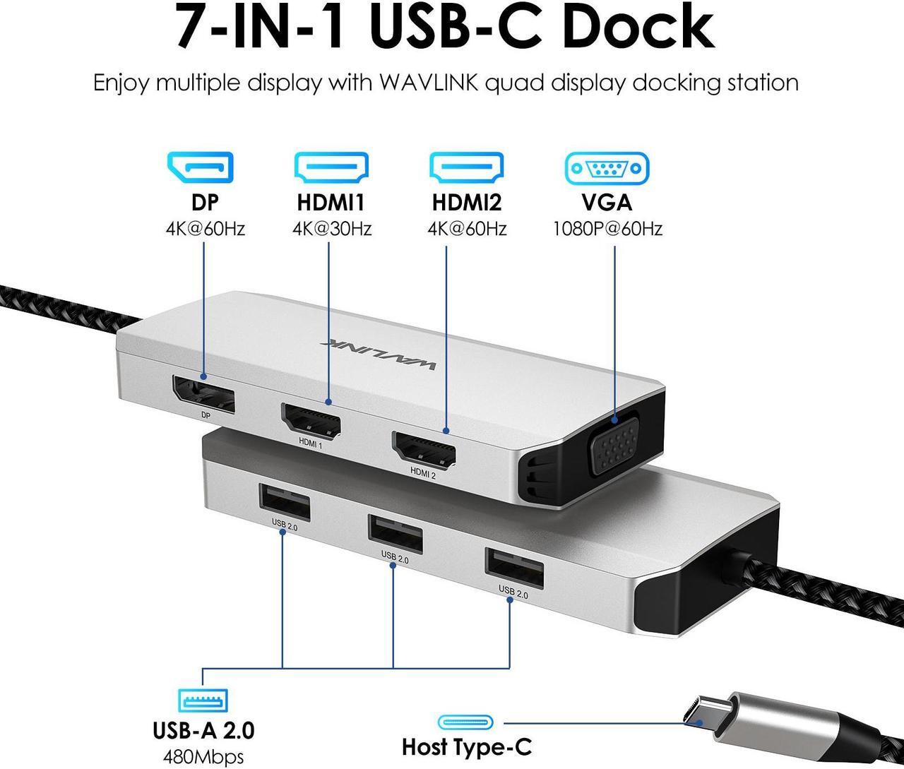 Alt view image 3 of 7 - WAVLINK USB C Laptop Docking Station with Dual 4K HDMI, 4K DP, VGA, 3xUSB2.0, Quad Monitor USB C Dock For Dell/HP/Lenovo/Thinkpad, Compatible with Mac/Windows/Chrome OS/Linux/Android