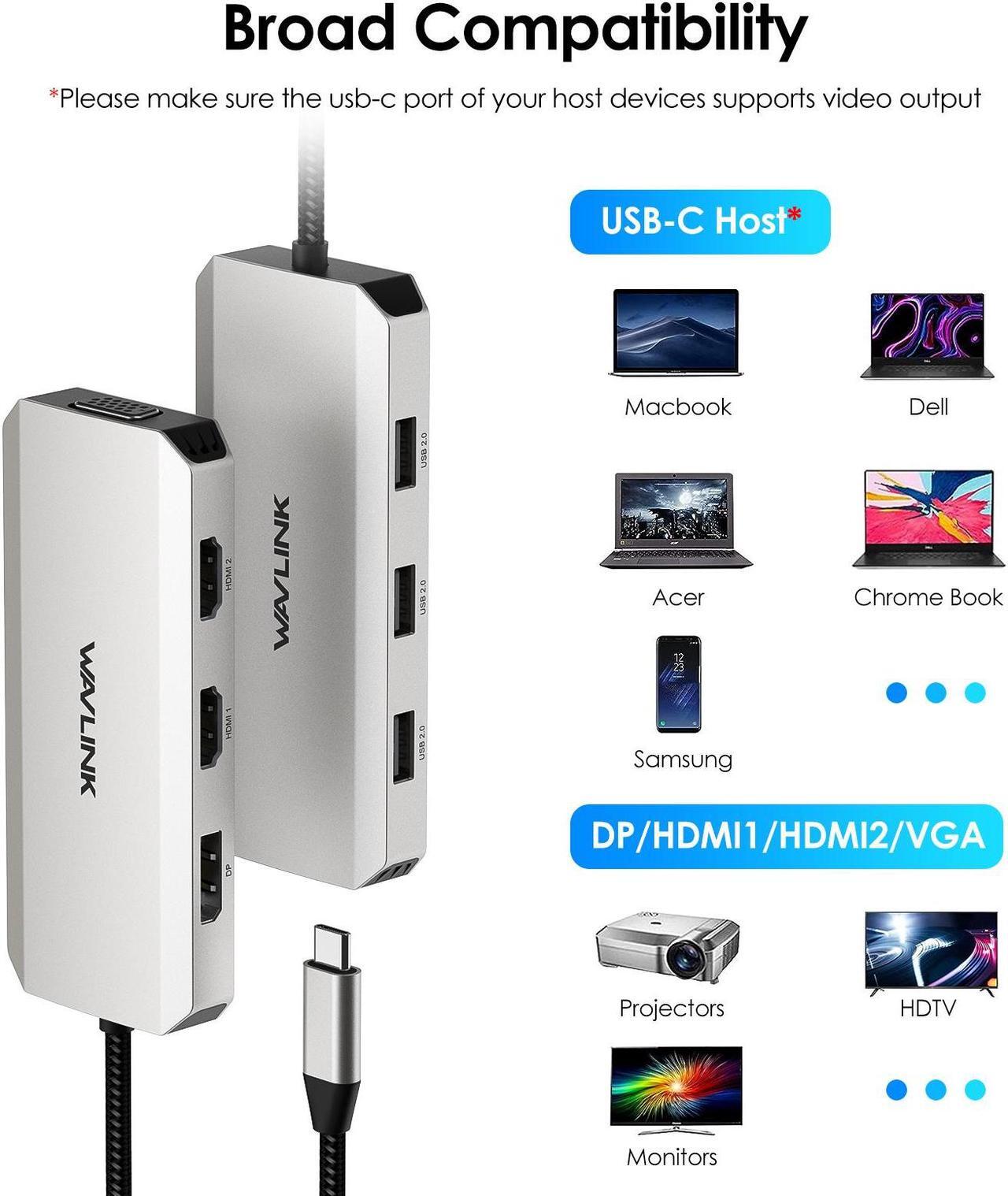 Alt view image 8 of 7 - WAVLINK USB C Laptop Docking Station with Dual 4K HDMI, 4K DP, VGA, 3xUSB2.0, Quad Monitor USB C Dock For Dell/HP/Lenovo/Thinkpad, Compatible with Mac/Windows/Chrome OS/Linux/Android