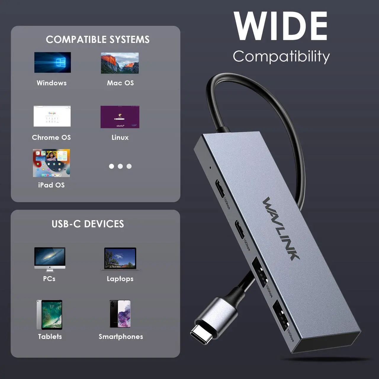 Alt view image 7 of 7 - WAVLINK USB C 10Gbps Hub, 4-Port SuperSpeed USB3.2 Gen2 Splitter, USB 3.2 Hub, Aluminum USB C to 2 USB C 2 USB A Multiport Adapter for iMac/MacBook/Air/Pro/Chromebook and More Type C Devices