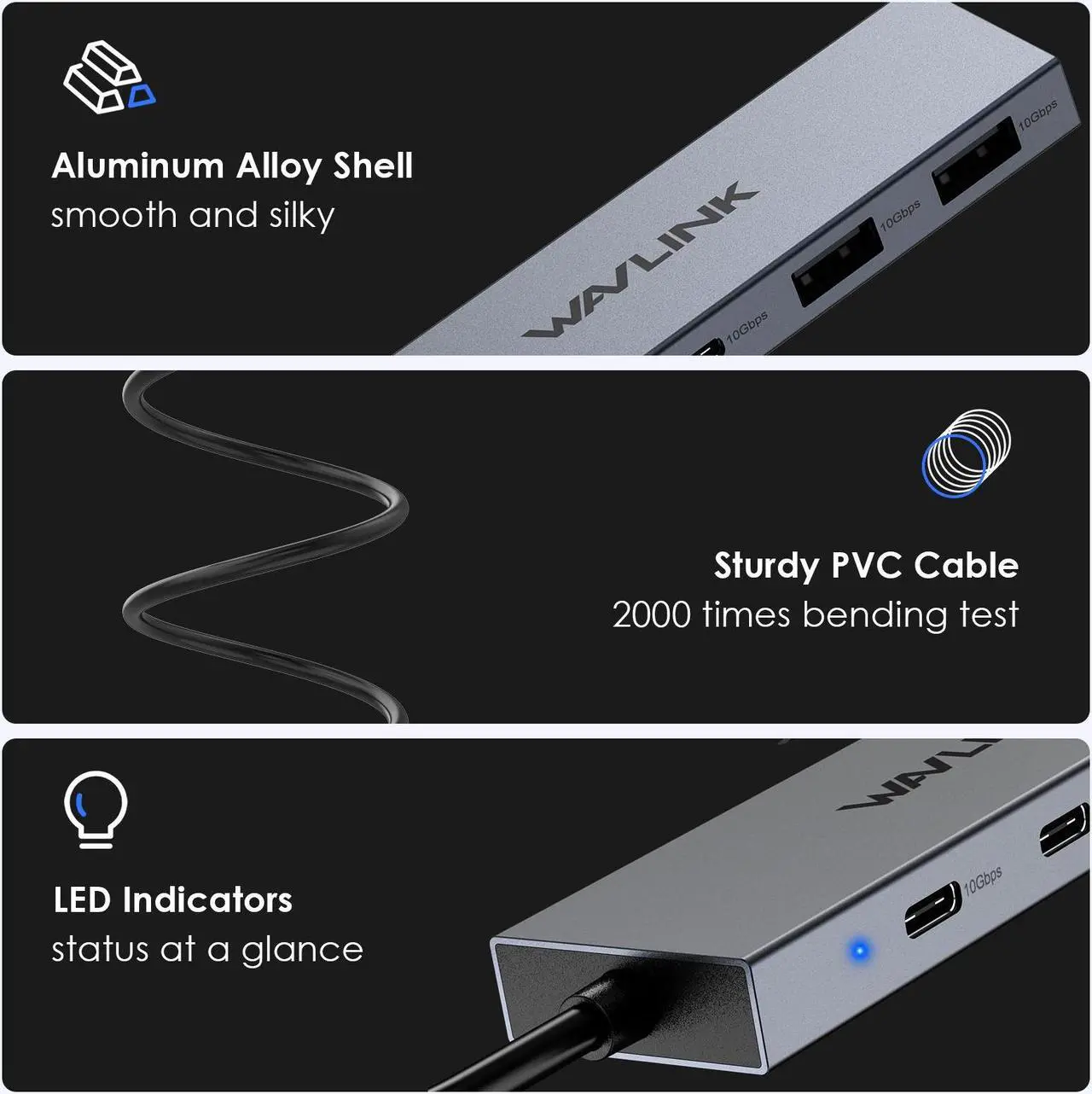 Alt view image 5 of 7 - WAVLINK USB C 10Gbps Hub, 4-Port SuperSpeed USB3.2 Gen2 Splitter, USB 3.2 Hub, Aluminum USB C to 2 USB C 2 USB A Multiport Adapter for iMac/MacBook/Air/Pro/Chromebook and More Type C Devices