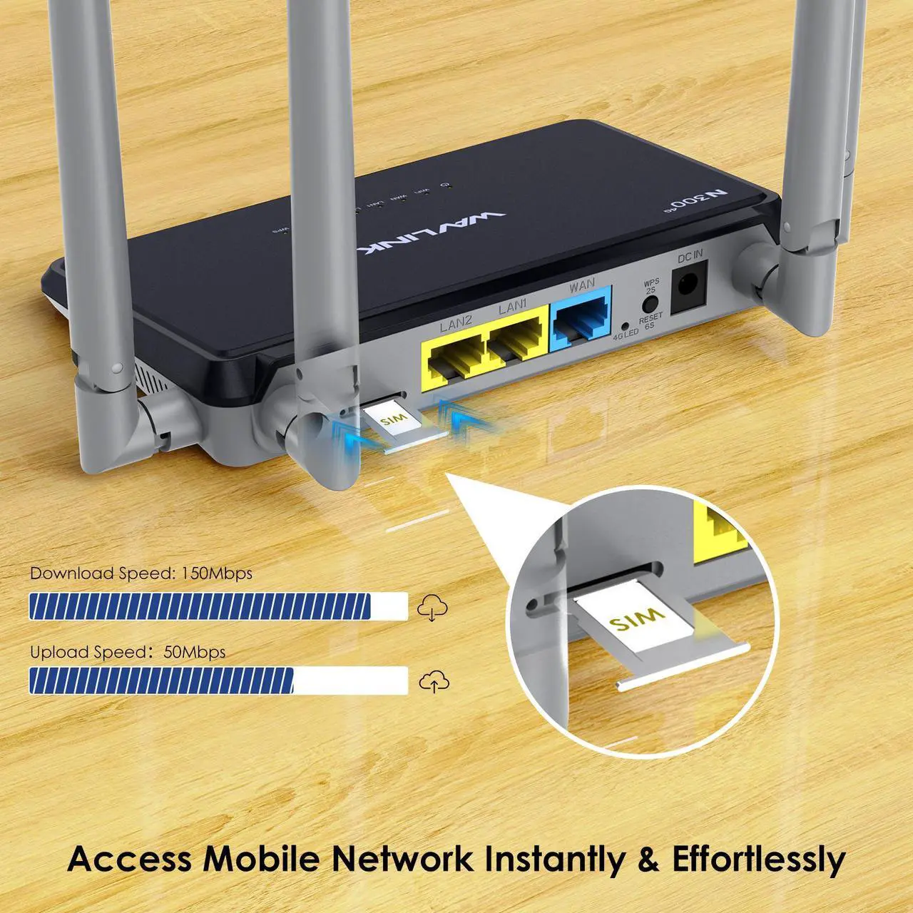 Alt view image 3 of 7 - WAVLINK 4G LTE Router, N300 4G LTE Modem WiFi Router with SIM Card Slot, 300Mbps LTE Cat4 Wireless Router With 4x5dBi High Gain Antennas, Secure & Easy Setup