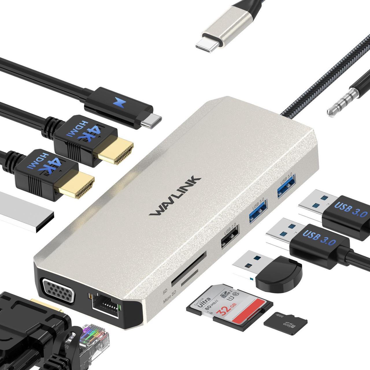 Main image of WAVLINK USB C Docking Station Triple Display with 2x 4K HDMI, 1x 2K VGA, 85W Laptop Charging, Ethernet, SD/TF Card Reader, 3.5mm Audio Jack, 5 USB for Mac/Dell/Acer/HP/ASUS/Steam Deck/Rog Ally/Lenovo