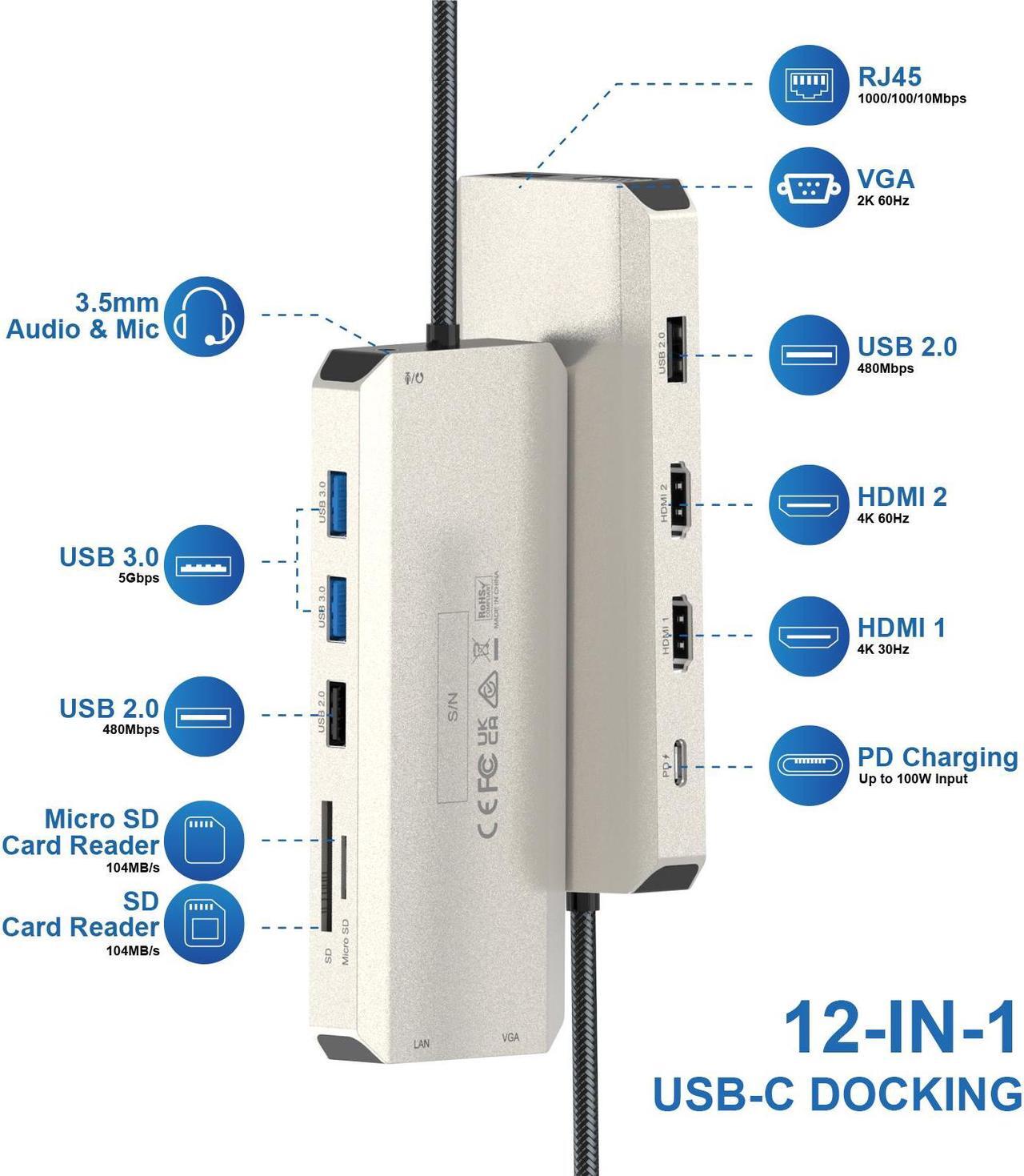 Alt view image 2 of 7 - WAVLINK USB C Docking Station Triple Display with 2x 4K HDMI, 1x 2K VGA, 85W Laptop Charging, Ethernet, SD/TF Card Reader, 3.5mm Audio Jack, 5 USB for Mac/Dell/Acer/HP/ASUS/Steam Deck/Rog Ally/Lenovo