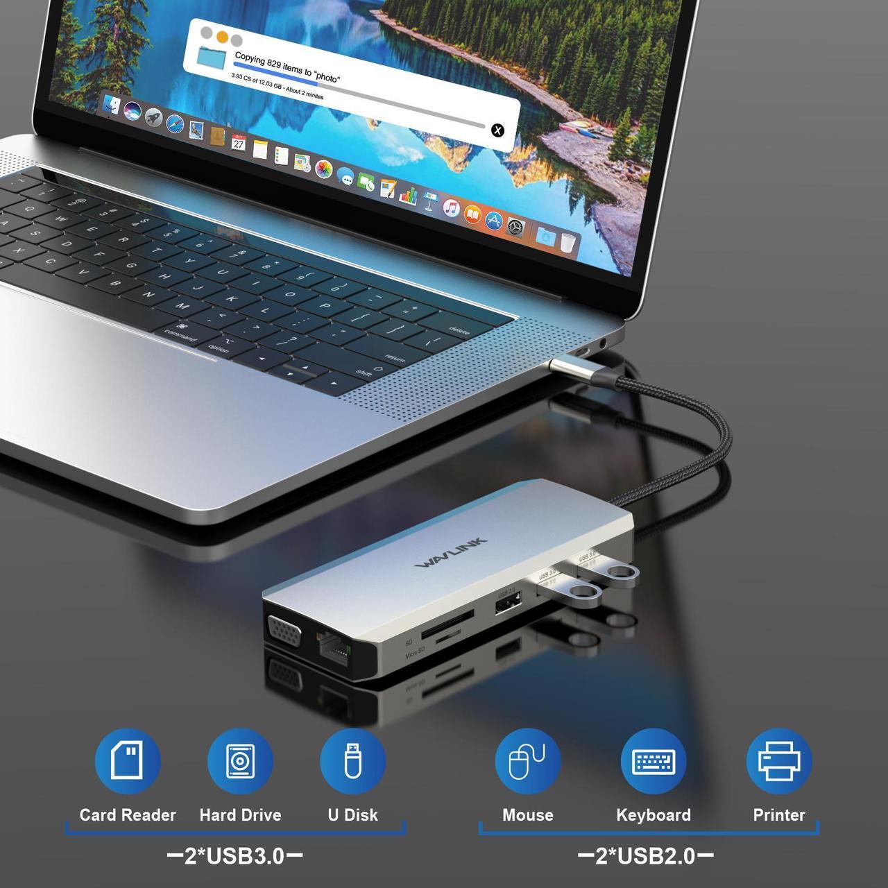 Alt view image 6 of 7 - WAVLINK USB C Docking Station Triple Display with 2x 4K HDMI, 1x 2K VGA, 85W Laptop Charging, Ethernet, SD/TF Card Reader, 3.5mm Audio Jack, 5 USB for Mac/Dell/Acer/HP/ASUS/Steam Deck/Rog Ally/Lenovo
