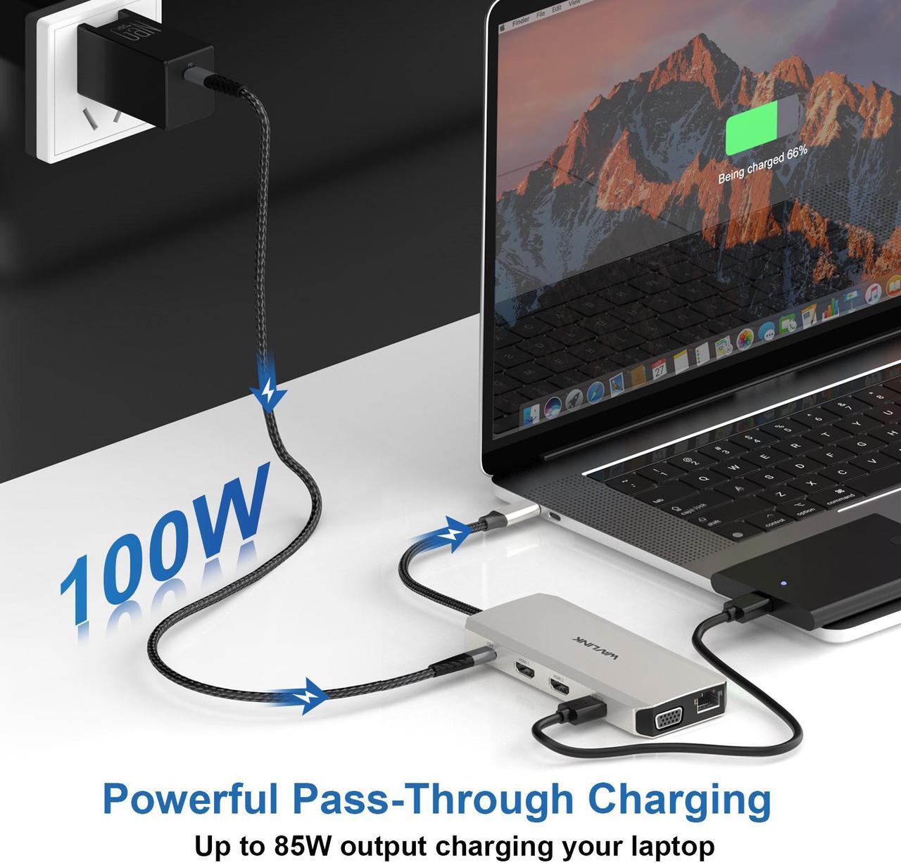Alt view image 3 of 7 - WAVLINK USB C Docking Station Triple Display with 2x 4K HDMI, 1x 2K VGA, 85W Laptop Charging, Ethernet, SD/TF Card Reader, 3.5mm Audio Jack, 5 USB for Mac/Dell/Acer/HP/ASUS/Steam Deck/Rog Ally/Lenovo