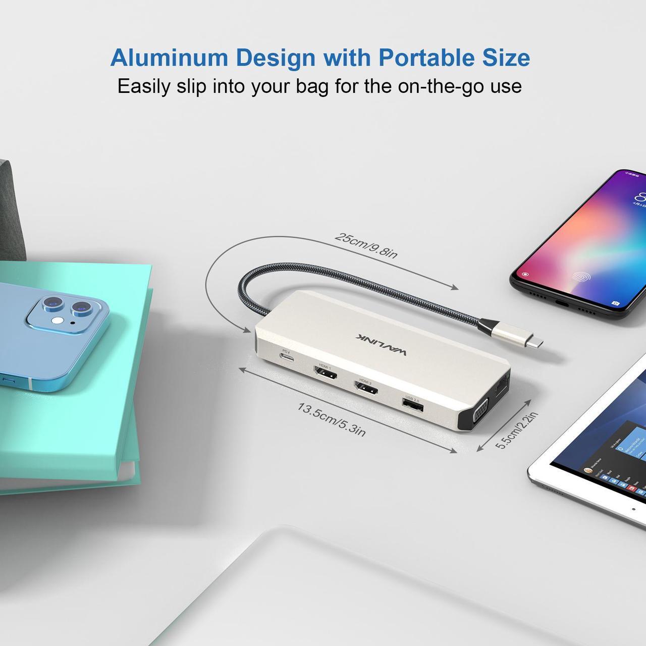 Alt view image 7 of 7 - WAVLINK USB C Docking Station Triple Display with 2x 4K HDMI, 1x 2K VGA, 85W Laptop Charging, Ethernet, SD/TF Card Reader, 3.5mm Audio Jack, 5 USB for Mac/Dell/Acer/HP/ASUS/Steam Deck/Rog Ally/Lenovo