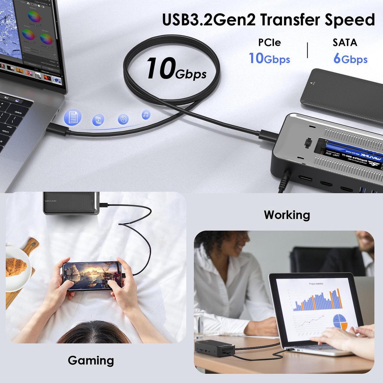 Alt view image 6 of 7 - WAVLINK USB C Triple Display Docking Station Type C 10Gbps Hub with M.2 PCIe/SATA SSD Enclosure, Support 100W PD, 4K@60Hz HDMI/DP, USB C/USB-A Gen 3.2/3.1, SD/TF, Gigabit RJ45 for Windows, Mac OS