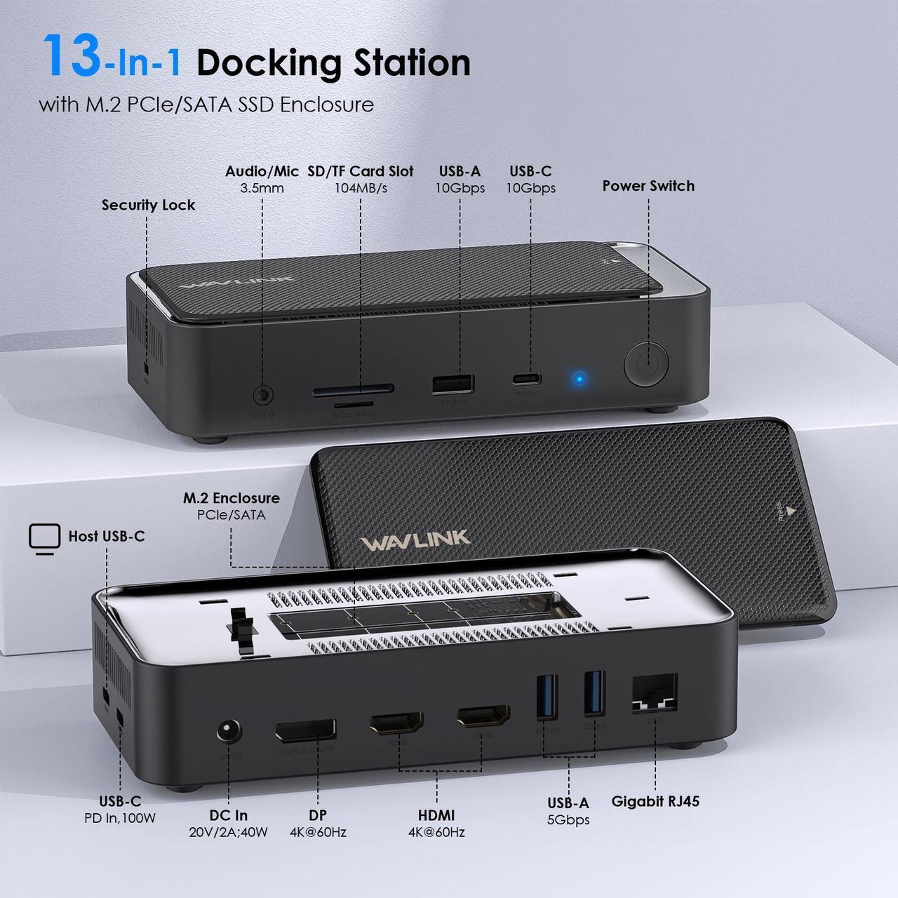 Alt view image 2 of 7 - WAVLINK USB C Triple Display Docking Station Type C 10Gbps Hub with M.2 PCIe/SATA SSD Enclosure, Support 100W PD, 4K@60Hz HDMI/DP, USB C/USB-A Gen 3.2/3.1, SD/TF, Gigabit RJ45 for Windows, Mac OS