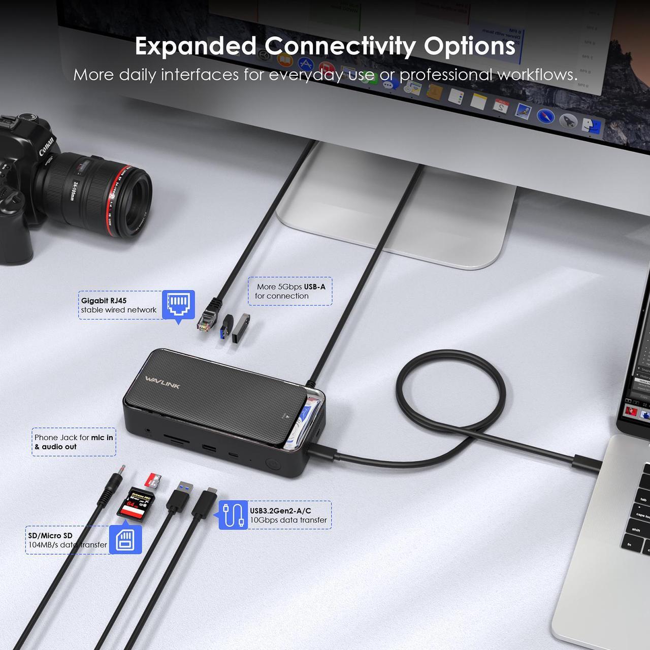 Alt view image 7 of 7 - WAVLINK USB C Triple Display Docking Station Type C 10Gbps Hub with M.2 PCIe/SATA SSD Enclosure, Support 100W PD, 4K@60Hz HDMI/DP, USB C/USB-A Gen 3.2/3.1, SD/TF, Gigabit RJ45 for Windows, Mac OS