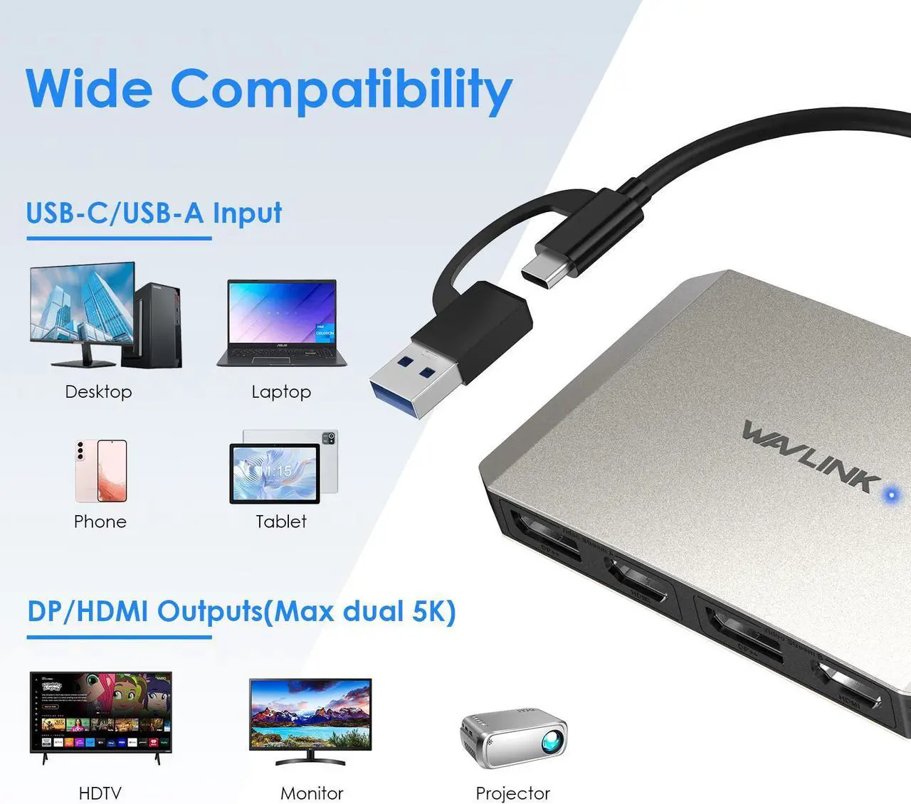 Alt view image 4 of 6 - WAVLINK USB 3.0/USB C to DisplayPort and HDMI Adapter, DisplayLink Dual 5K@60Hz Monitor Hub for Dell HP Surface Lenovo, Compatible with Windows and M1/M2 Mac