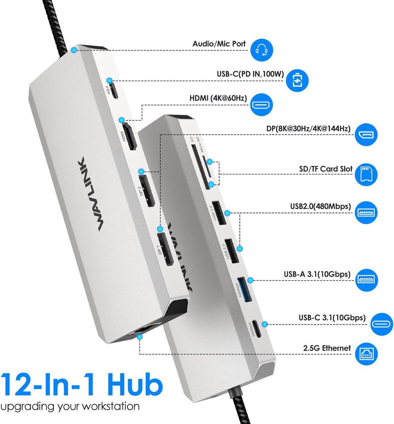 Alt view image 2 of 7 - WAVLINK Laptop Docking Station USB C Hub Triple Monitor with 4K HDMI, Dual 8K DP, 100W PD, 10Gbps USB3.1, USB2.0, RJ45, SD/TF Slots, Audio/Mic  for MacBook/Dell/HP/Lenovo