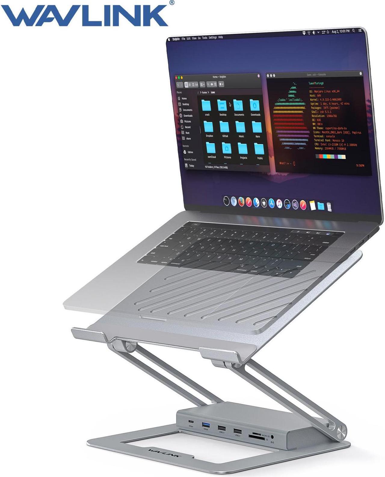 Main image of WAVLINK DisplayLink Docking Station with Laptop Stand, 2K DP1/2+HDMI1/2, 100W PD IN, 5Gbps USB-C/A, 2*USB 2.0, 1Gbps RJ45, SD/TF Slots, 4-pole Jack, Ergonomic Design for M1/2/3 Mac/HP/Dell/Asus/Acer
