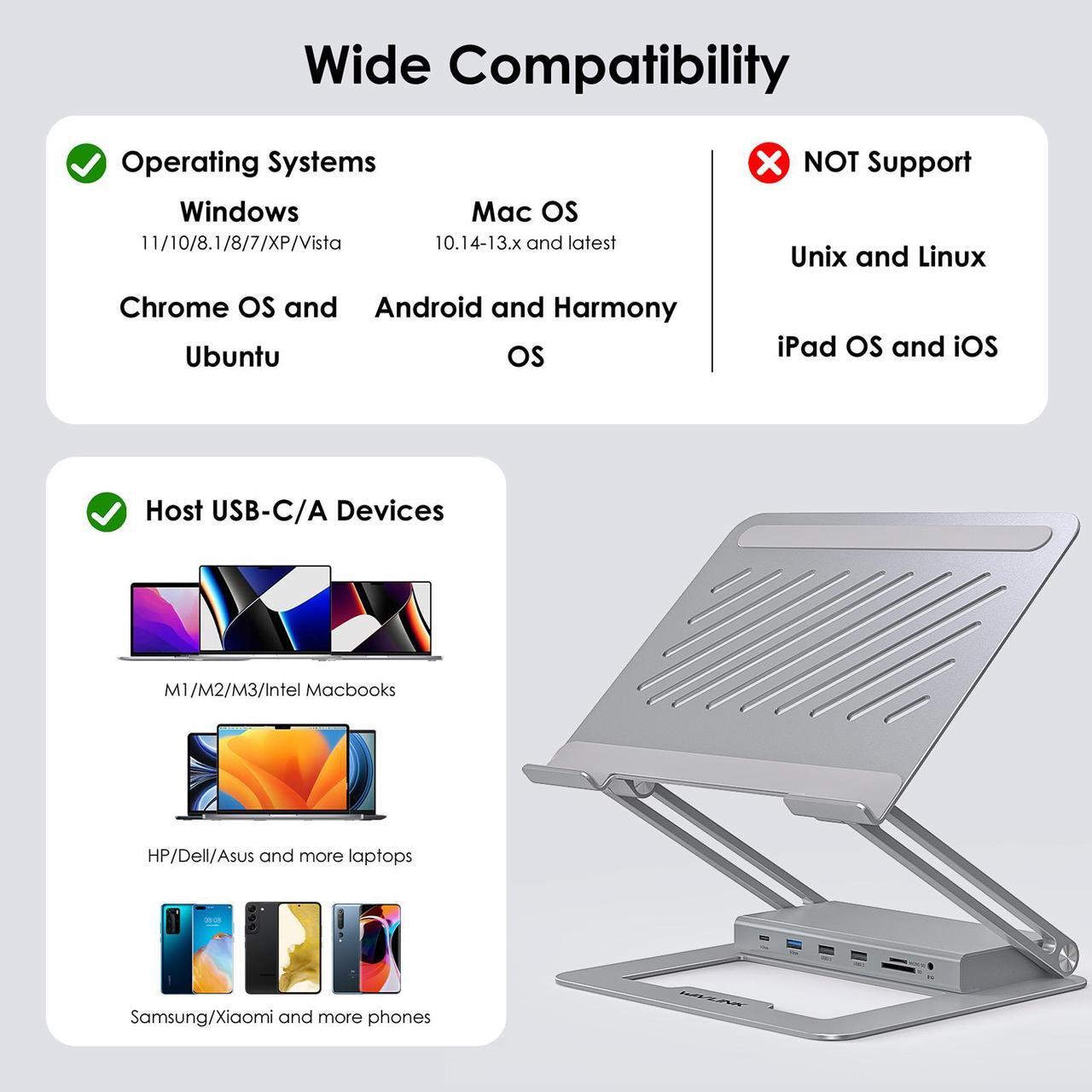 Alt view image 6 of 7 - WAVLINK DisplayLink Docking Station with Laptop Stand, 2K DP1/2+HDMI1/2, 100W PD IN, 5Gbps USB-C/A, 2*USB 2.0, 1Gbps RJ45, SD/TF Slots, 4-pole Jack, Ergonomic Design for M1/2/3 Mac/HP/Dell/Asus/Acer