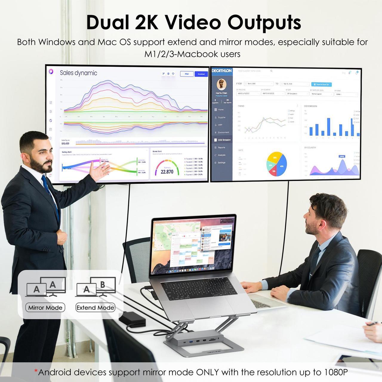 Alt view image 5 of 7 - WAVLINK DisplayLink Docking Station with Laptop Stand, 2K DP1/2+HDMI1/2, 100W PD IN, 5Gbps USB-C/A, 2*USB 2.0, 1Gbps RJ45, SD/TF Slots, 4-pole Jack, Ergonomic Design for M1/2/3 Mac/HP/Dell/Asus/Acer