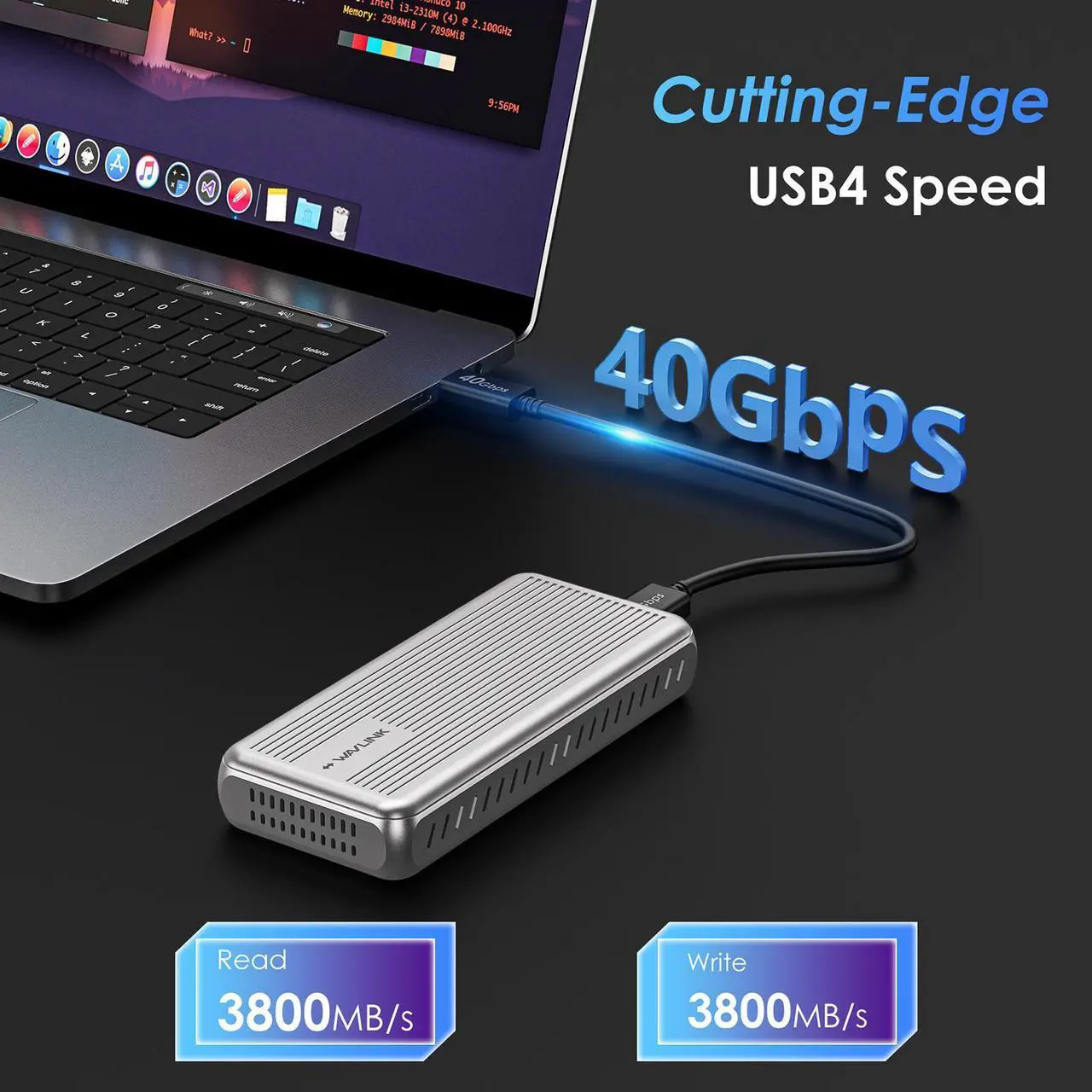 Alt view image 3 of 7 - WAVLINK 40Gbps PCIe NVMe SSD Enclosure, USB4 External Hard Drive Enclosure, for 2230/2242/2260/2280 B+M/M-Key PCIe SSD, Tool-Free Installation, Compatible with TBT4/TBT3/USB4/USB3.2 and more