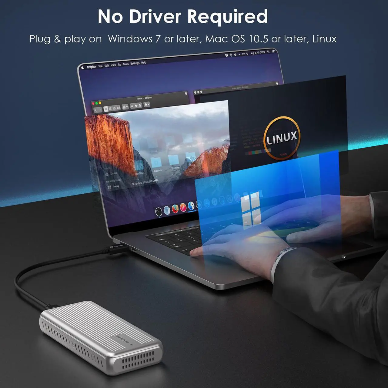Alt view image 5 of 7 - WAVLINK 40Gbps PCIe NVMe SSD Enclosure, USB4 External Hard Drive Enclosure, for 2230/2242/2260/2280 B+M/M-Key PCIe SSD, Tool-Free Installation, Compatible with TBT4/TBT3/USB4/USB3.2 and more