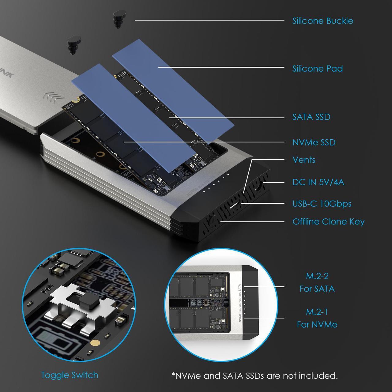 Alt view image 7 of 7 - WAVLINK M.2 NVMe SSD Enclosure 10Gbps M.2 Cloner Dual-Bay Offline Clone Tool-Free, M.2 Duplicator Support SATA to NVMe and NVMe to SATA, Dual NVMe Enclosure for SSDs PCIe Sizes 2230/2242/2260/2280,8TB