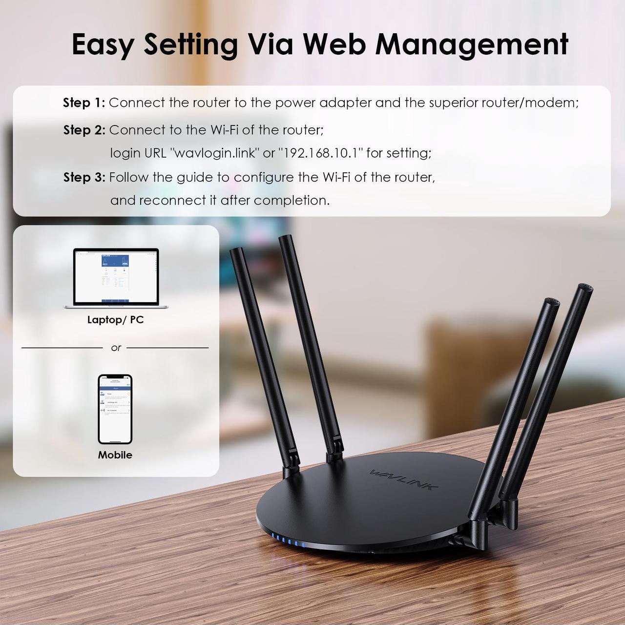 Alt view image 6 of 7 - WAVLINK Wireless Router 1200Mbps, Dual Band 5GHz+2.4GHz WiFi Router with 4 LAN Port (1000Mbps), 1 x 1000Mbps WAN Port, Long Range Coverage for Home & Office, Supports Router/Access Point/Repeater Mode