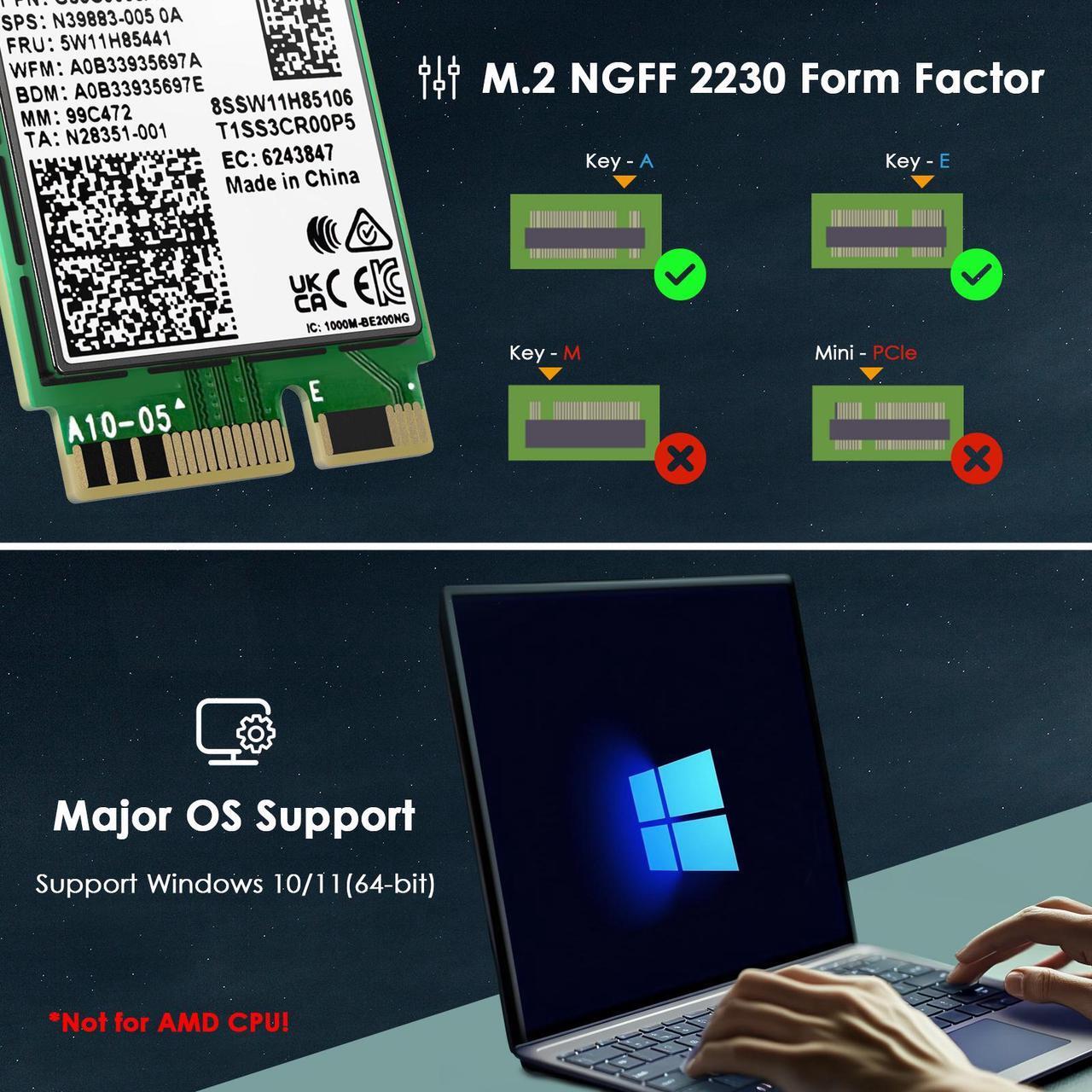 Alt view image 7 of 7 - WAVLINK WiFi 7 Wireless Card, 8774Mbps Tri-Band BE200 M.2 NGFF Network Module with Bluetooth 5.4, MU-MIMO, WPA3, Support Windows 10/11(64-bit) Laptop, Not Support AMD