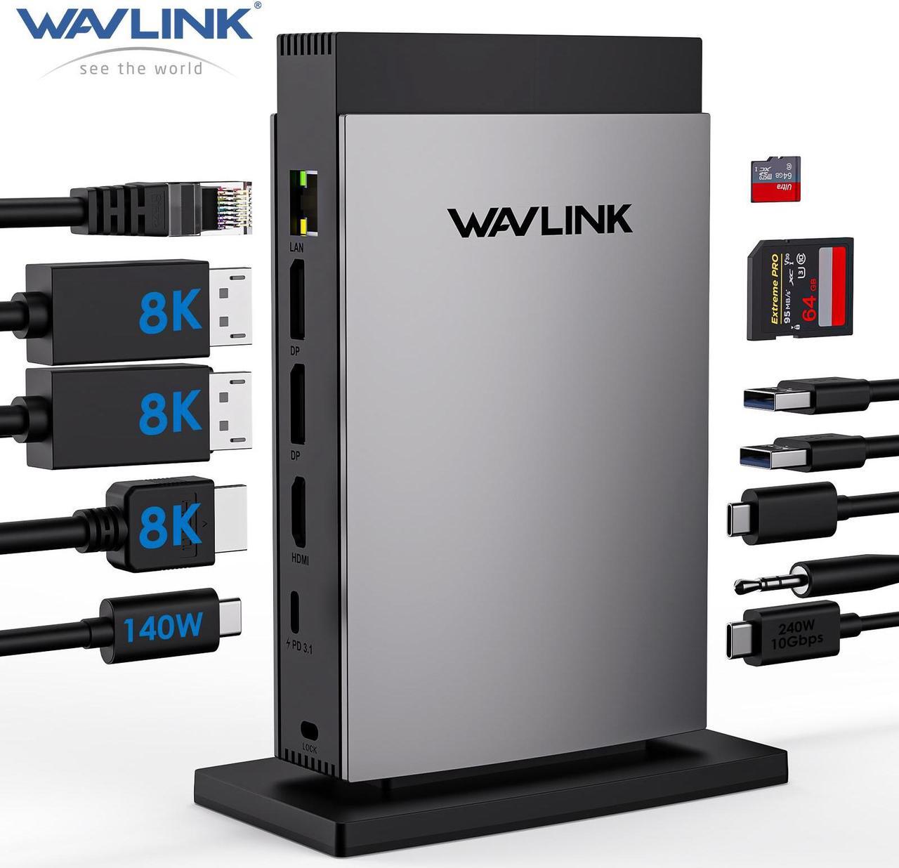 Main image of WAVLINK USB C Docking Station PD3.1 Triple Display with 140W Power, 8K Displayport*2 + 8K HDMI, RJ45, 10G USB-C, 2 USB 3.0, SD/TF Slot, Audio/Mic, for M1/M2/M3&Win