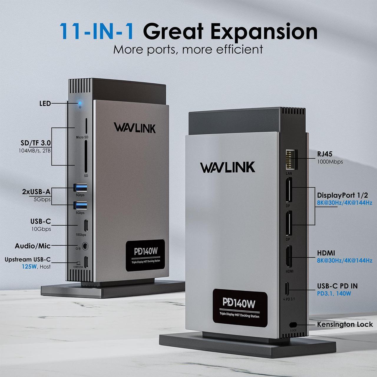 Alt view image 2 of 7 - WAVLINK USB C Docking Station PD3.1 Triple Display with 140W Power, 8K Displayport*2 + 8K HDMI, RJ45, 10G USB-C, 2 USB 3.0, SD/TF Slot, Audio/Mic, for M1/M2/M3&Win