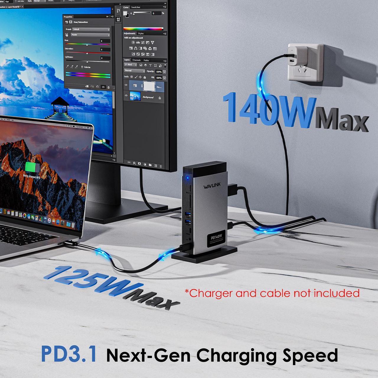Alt view image 3 of 7 - WAVLINK USB C Docking Station PD3.1 Triple Display with 140W Power, 8K Displayport*2 + 8K HDMI, RJ45, 10G USB-C, 2 USB 3.0, SD/TF Slot, Audio/Mic, for M1/M2/M3&Win