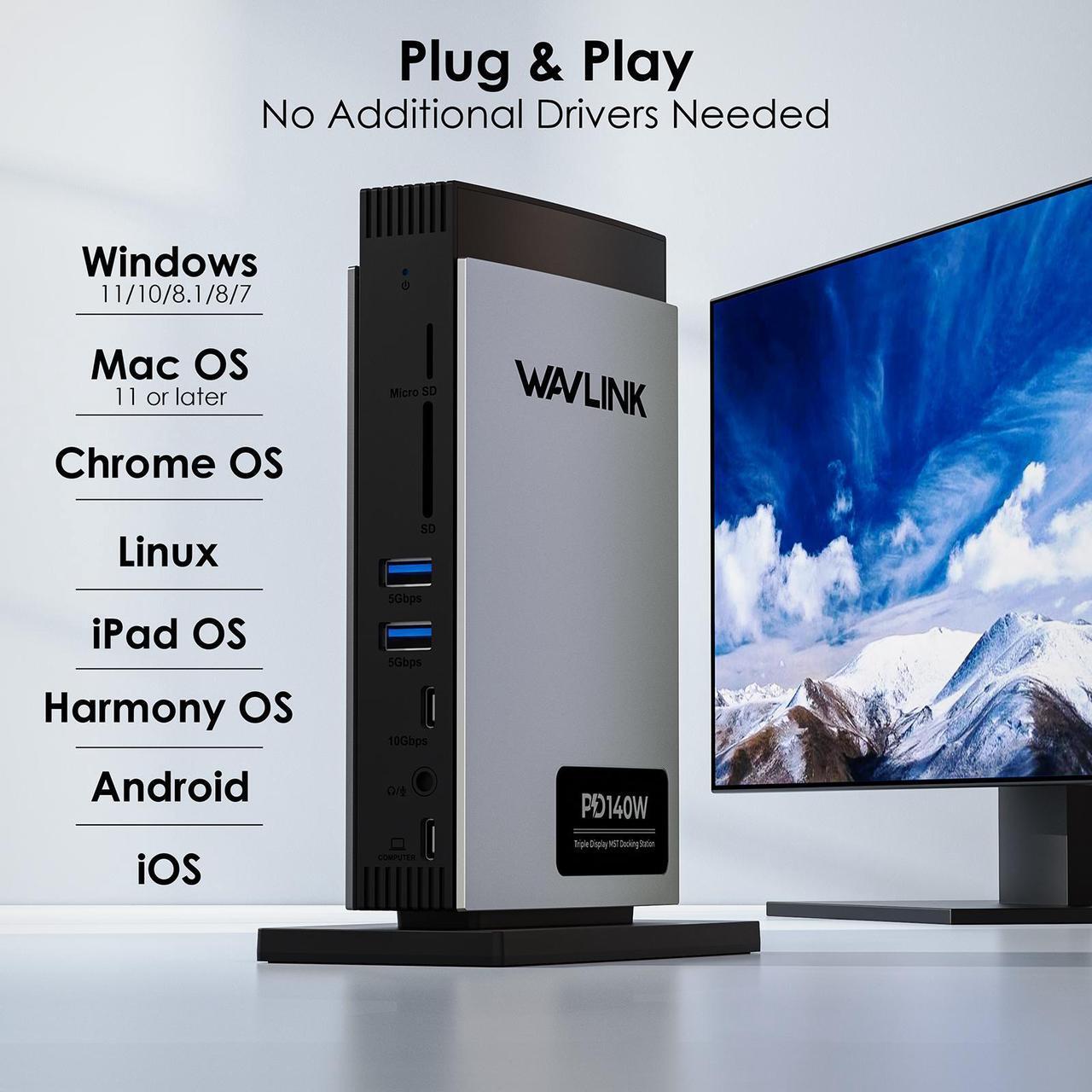Alt view image 7 of 7 - WAVLINK USB C Docking Station PD3.1 Triple Display with 140W Power, 8K Displayport*2 + 8K HDMI, RJ45, 10G USB-C, 2 USB 3.0, SD/TF Slot, Audio/Mic, for M1/M2/M3&Win