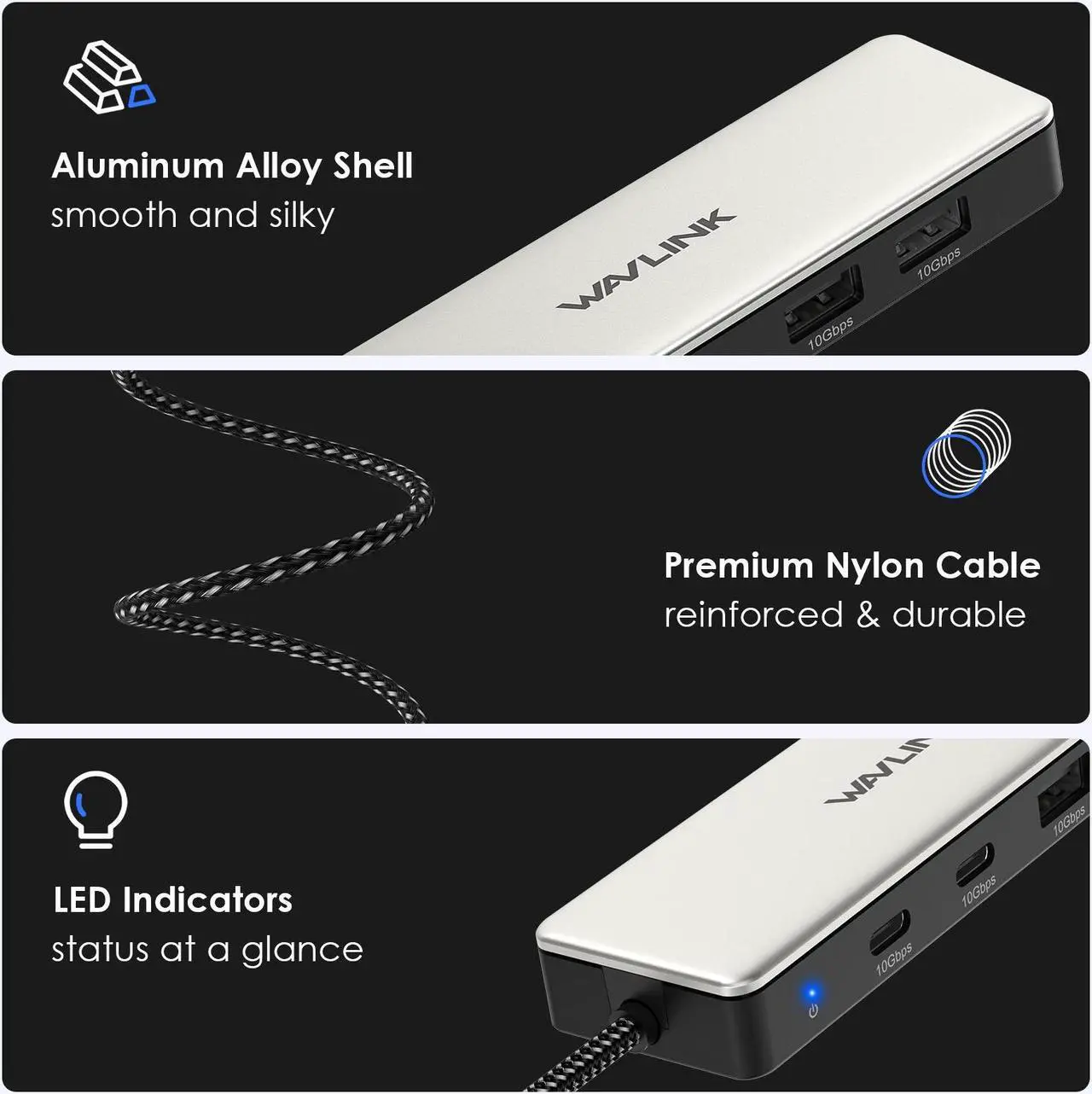 Alt view image 4 of 7 - WAVLINK USB C 10Gbps Hub, 4-Port SuperSpeed USB3.2 Gen2 Splitter, Aluminum USB C to 2 USB C 2 USB A Multiport Adapter for iMac/MacBook/Air/Pro/Chromebook and More Type C Devices
