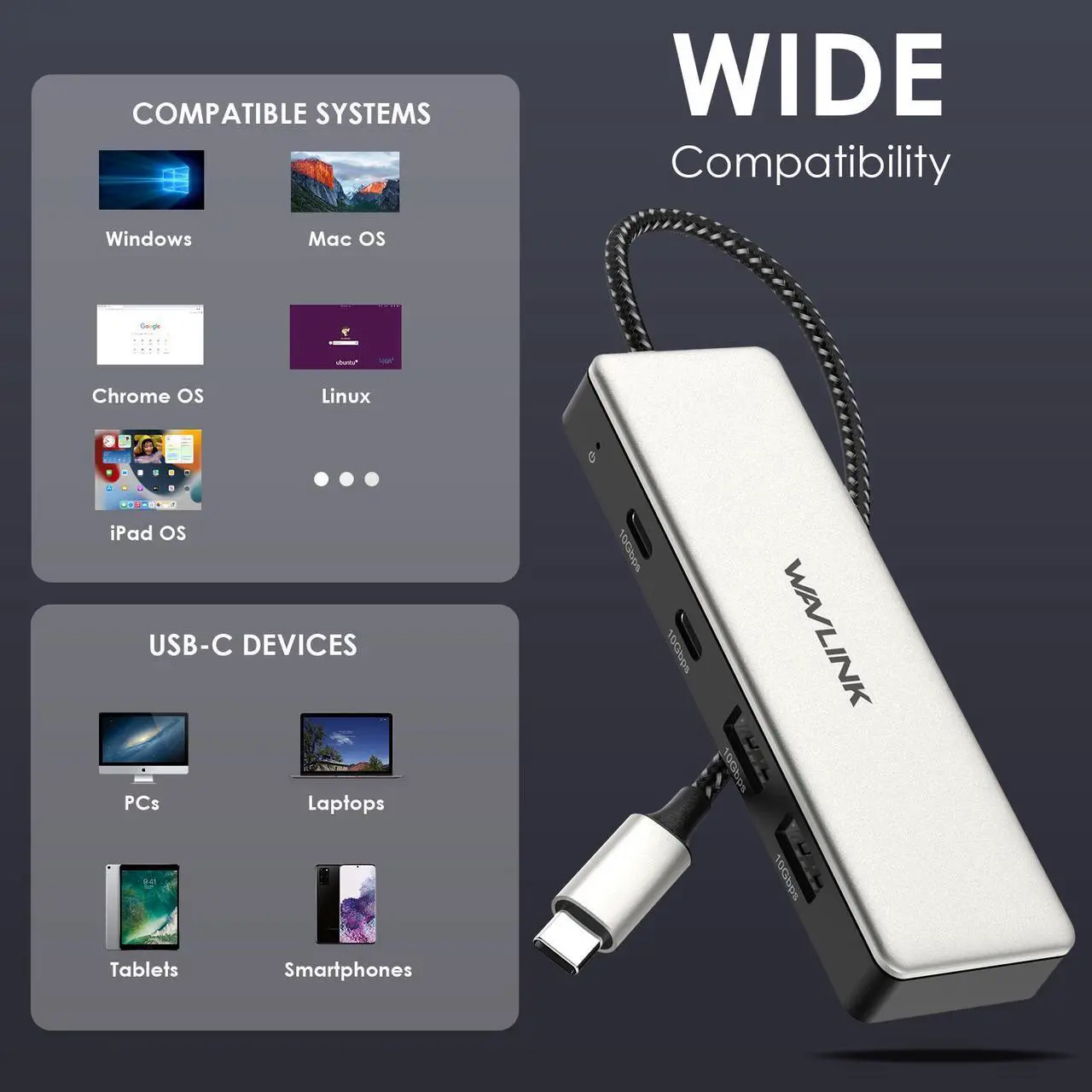 Alt view image 6 of 7 - WAVLINK USB C 10Gbps Hub, 4-Port SuperSpeed USB3.2 Gen2 Splitter, Aluminum USB C to 2 USB C 2 USB A Multiport Adapter for iMac/MacBook/Air/Pro/Chromebook and More Type C Devices