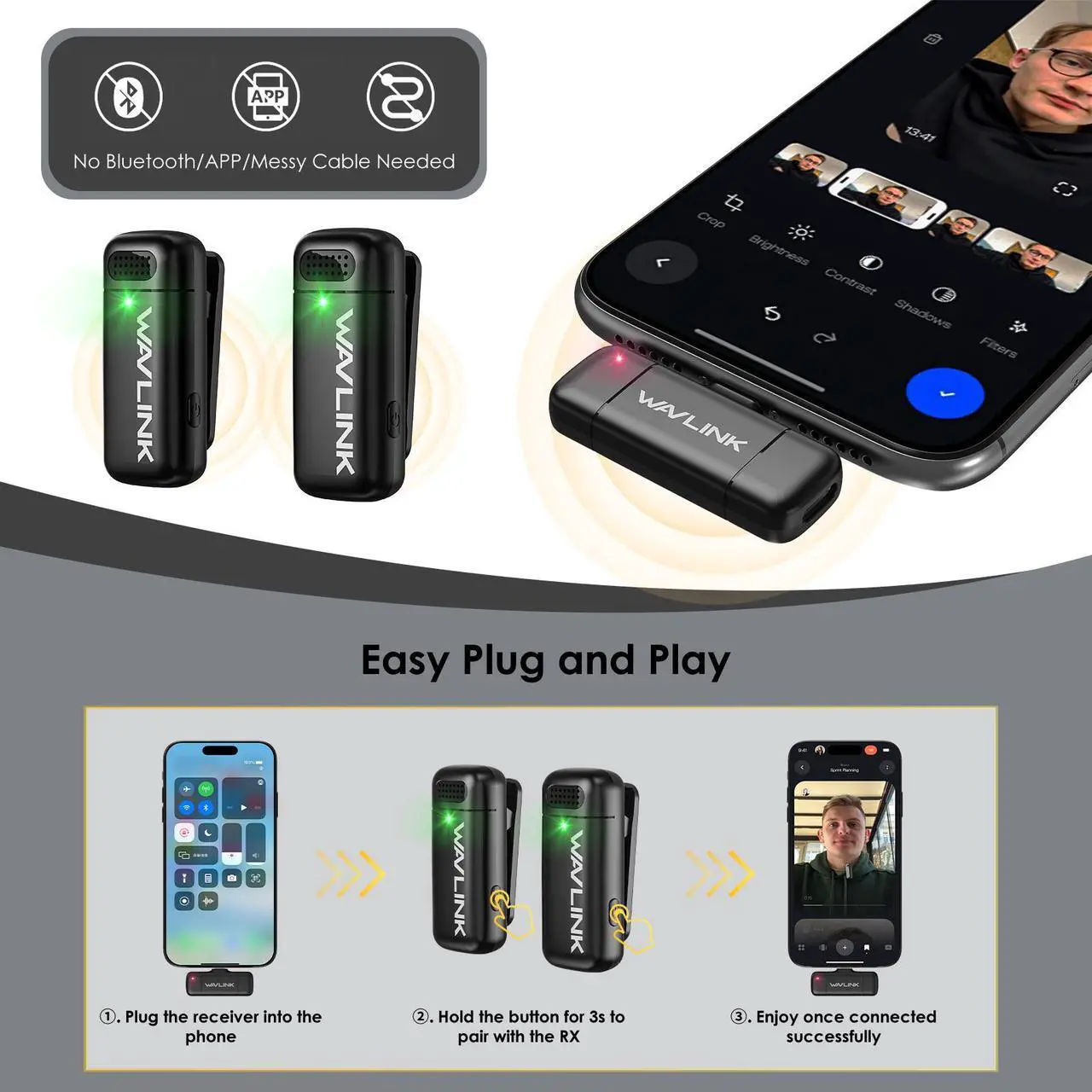Alt view image 2 of 7 - WAVLINK Wireless Lavalier Microphone for iPhone Android Vlog, Clip on Lapel Dual Mic System & Lightning & USB-C Inputs & Battery Case for YouTube Facebook Live, Video Recording(2*TX+1*RX)