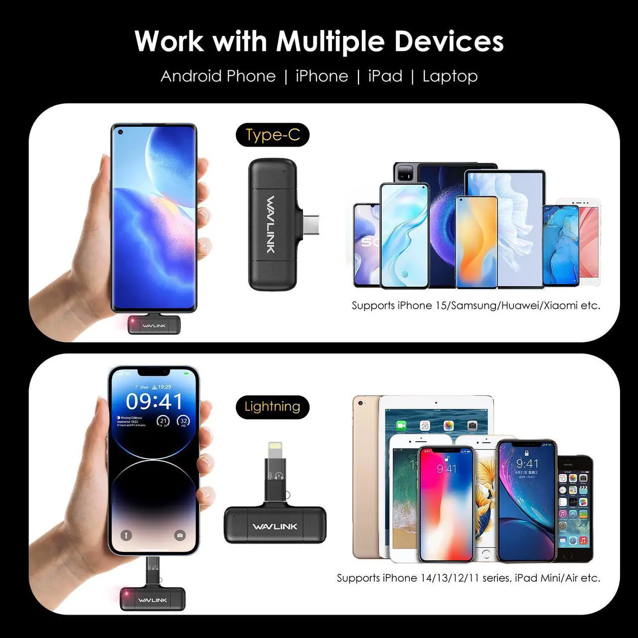 Alt view image 6 of 7 - WAVLINK Wireless Lavalier Microphone for iPhone Android Vlog, Clip on Lapel Dual Mic System & Lightning & USB-C Inputs & Battery Case for YouTube Facebook Live, Video Recording(2*TX+1*RX)