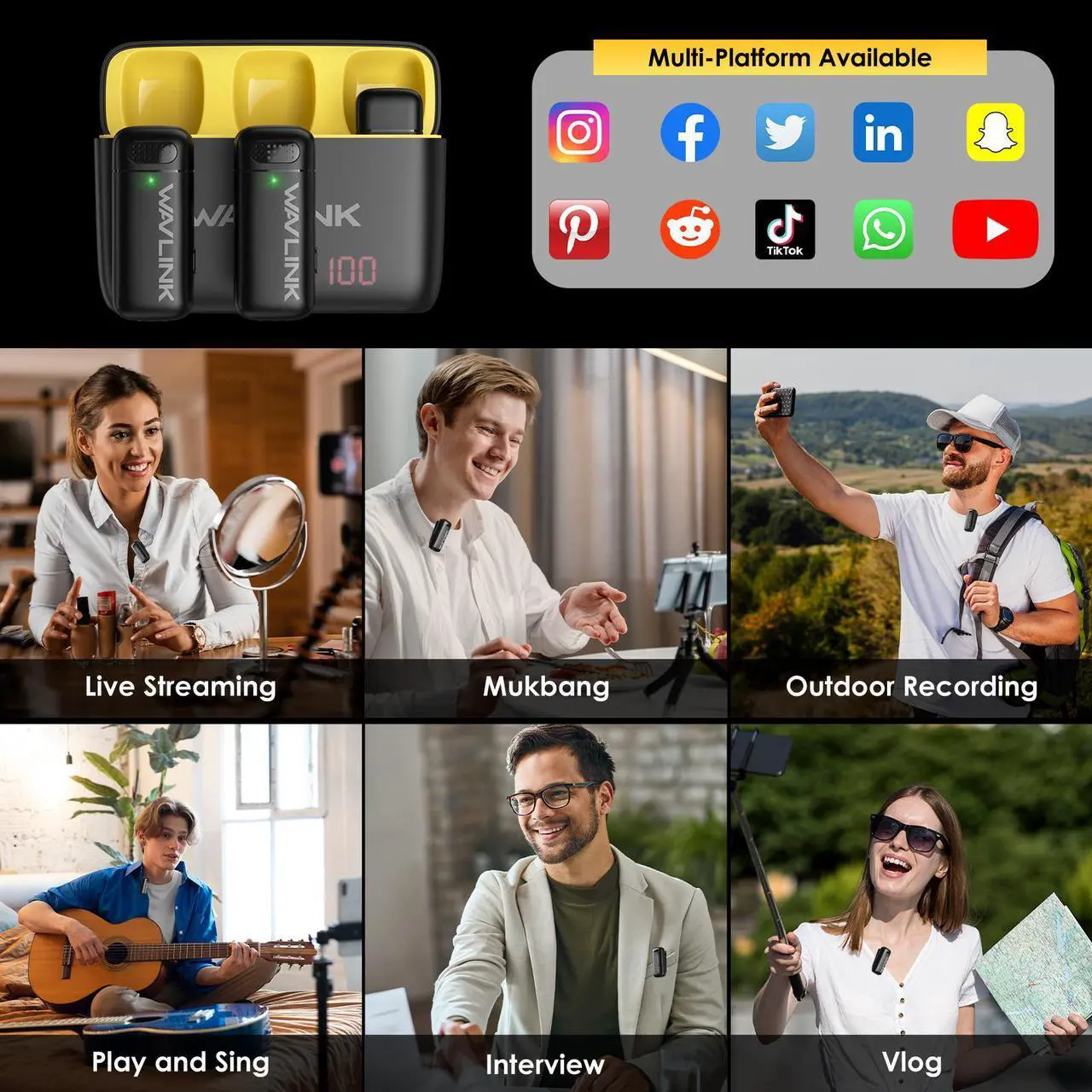 Alt view image 7 of 7 - WAVLINK Wireless Lavalier Microphone for iPhone Android Vlog, Clip on Lapel Dual Mic System & Lightning & USB-C Inputs & Battery Case for YouTube Facebook Live, Video Recording(2*TX+1*RX)