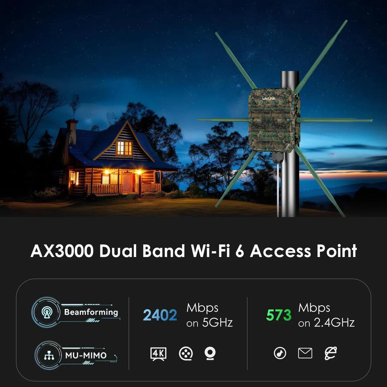 Alt view image 2 of 7 - WAVLINK AX3000 Outdoor WiFi 6 Range Extender Long Range WiFi 6 Repeater Outdoor Wireless Access Point, With Dual Band Active PoE, 6x7dBi Antennas, IP67,Up to 256 Devices for Farm,Yard,RV,Campsite