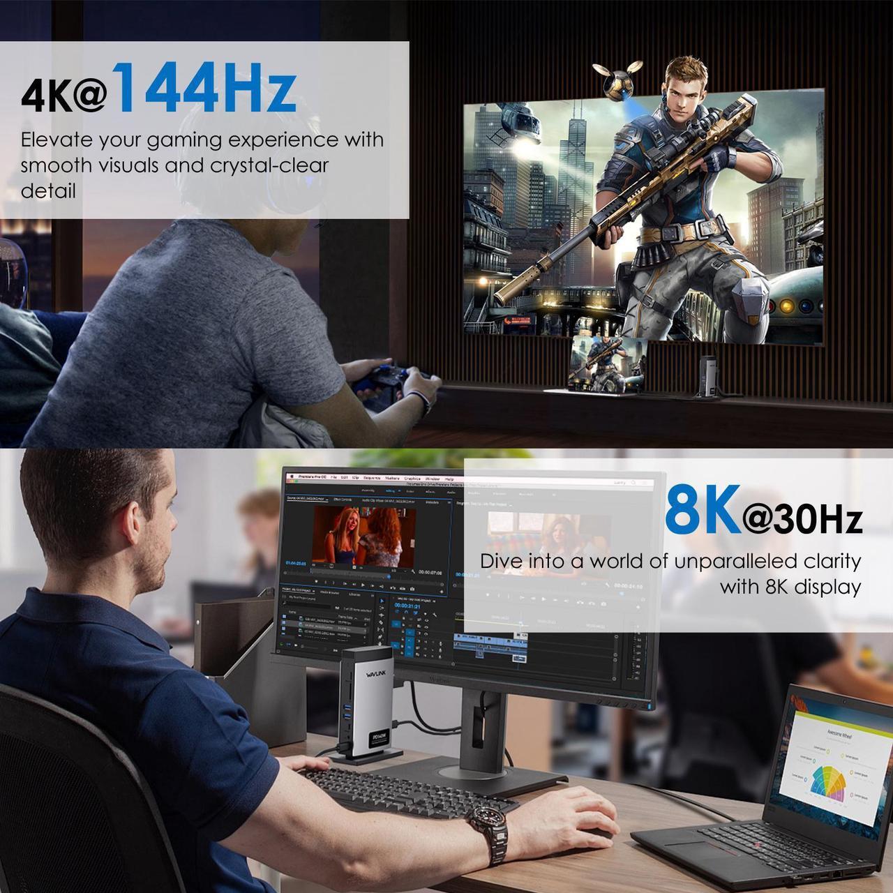 Alt view image 4 of 7 - WAVLINK USB C Docking Station PD3.1 Triple Monitor with 140W Power, 8K HDMI*2 + 8K Displayport, RJ45, 10G USB-C, 125W Charging for Laptop, 2 USB 3.0, SD/TF Slot, Audio/Mic for M1/M2/M3 Mac&Windows