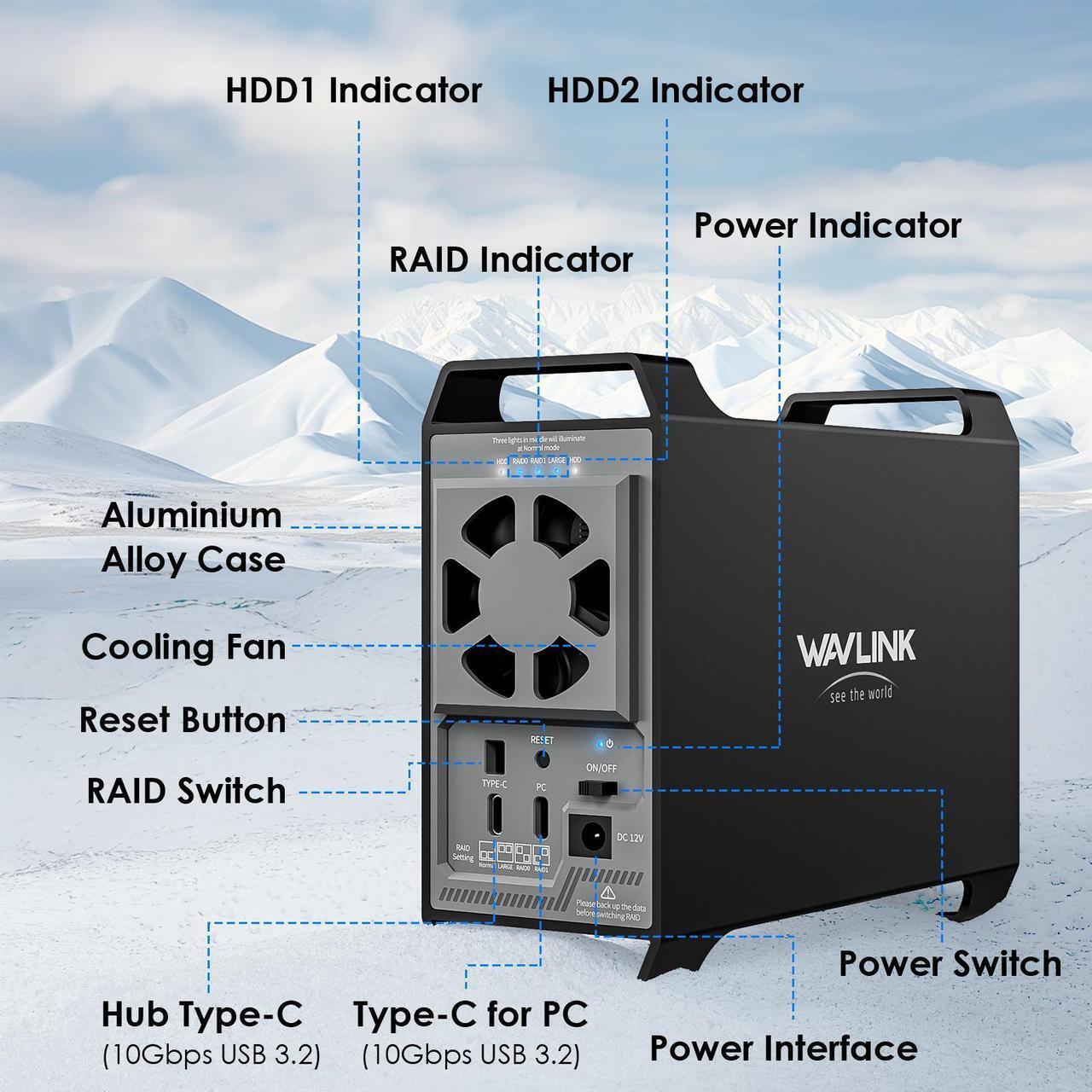 Alt view image 2 of 7 - WAVLINK 2-Bay Hard Drive Enclosure for 3.5" and 2.5'' SATA HDD/SSD Featuring 10Gbps USB-C 3.2, 44TB Capacity, Built-in Cooling Fans, 4 RAID Modes(RAID Normal/LARGE/1/0), Aluminum Alloy Shell
