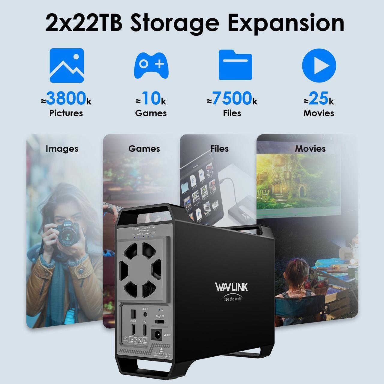 Alt view image 4 of 7 - WAVLINK 2-Bay Hard Drive Enclosure for 3.5" and 2.5'' SATA HDD/SSD Featuring 10Gbps USB-C 3.2, 44TB Capacity, Built-in Cooling Fans, 4 RAID Modes(RAID Normal/LARGE/1/0), Aluminum Alloy Shell