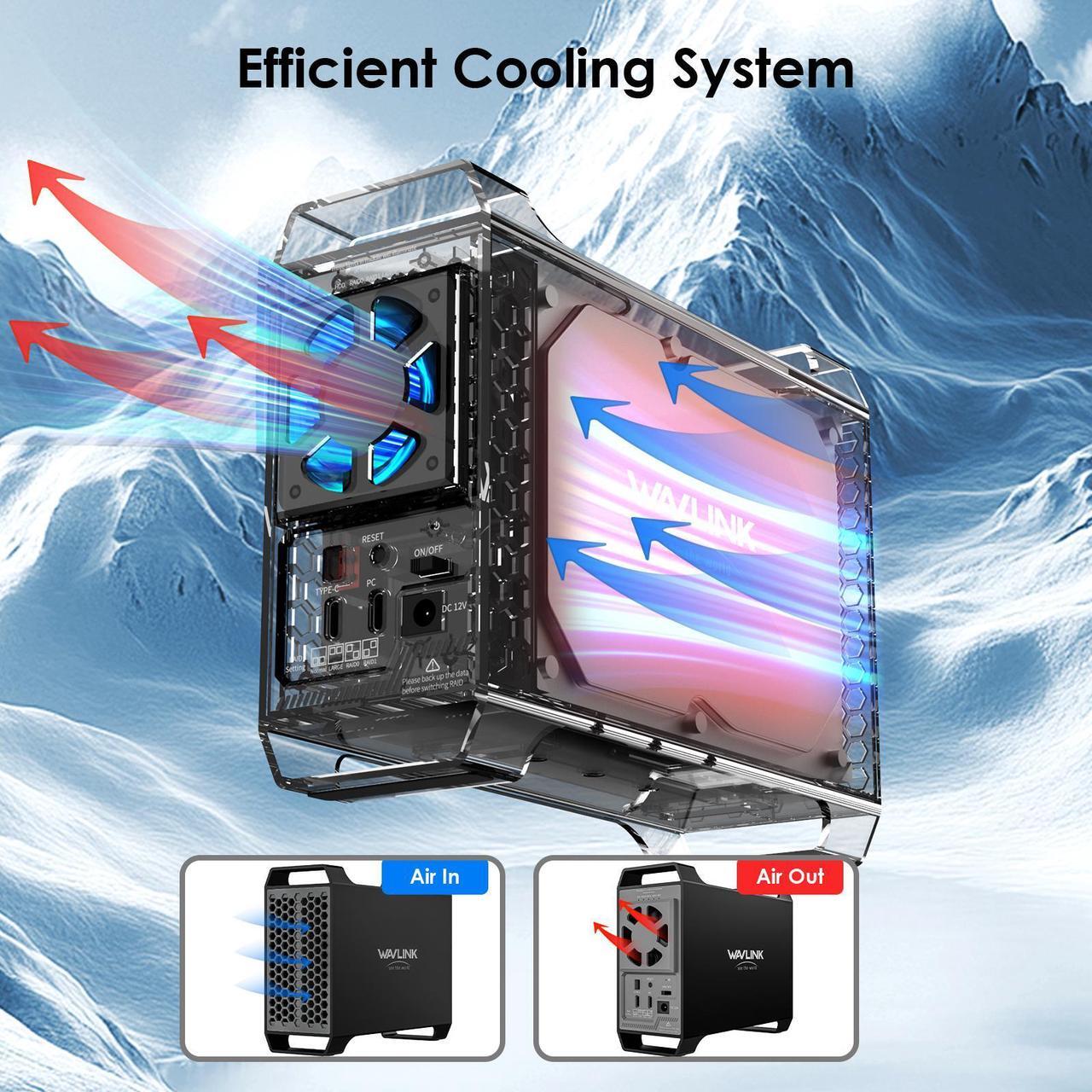 Alt view image 3 of 7 - WAVLINK 2-Bay Hard Drive Enclosure for 3.5" and 2.5'' SATA HDD/SSD Featuring 10Gbps USB-C 3.2, 44TB Capacity, Built-in Cooling Fans, 4 RAID Modes(RAID Normal/LARGE/1/0), Aluminum Alloy Shell