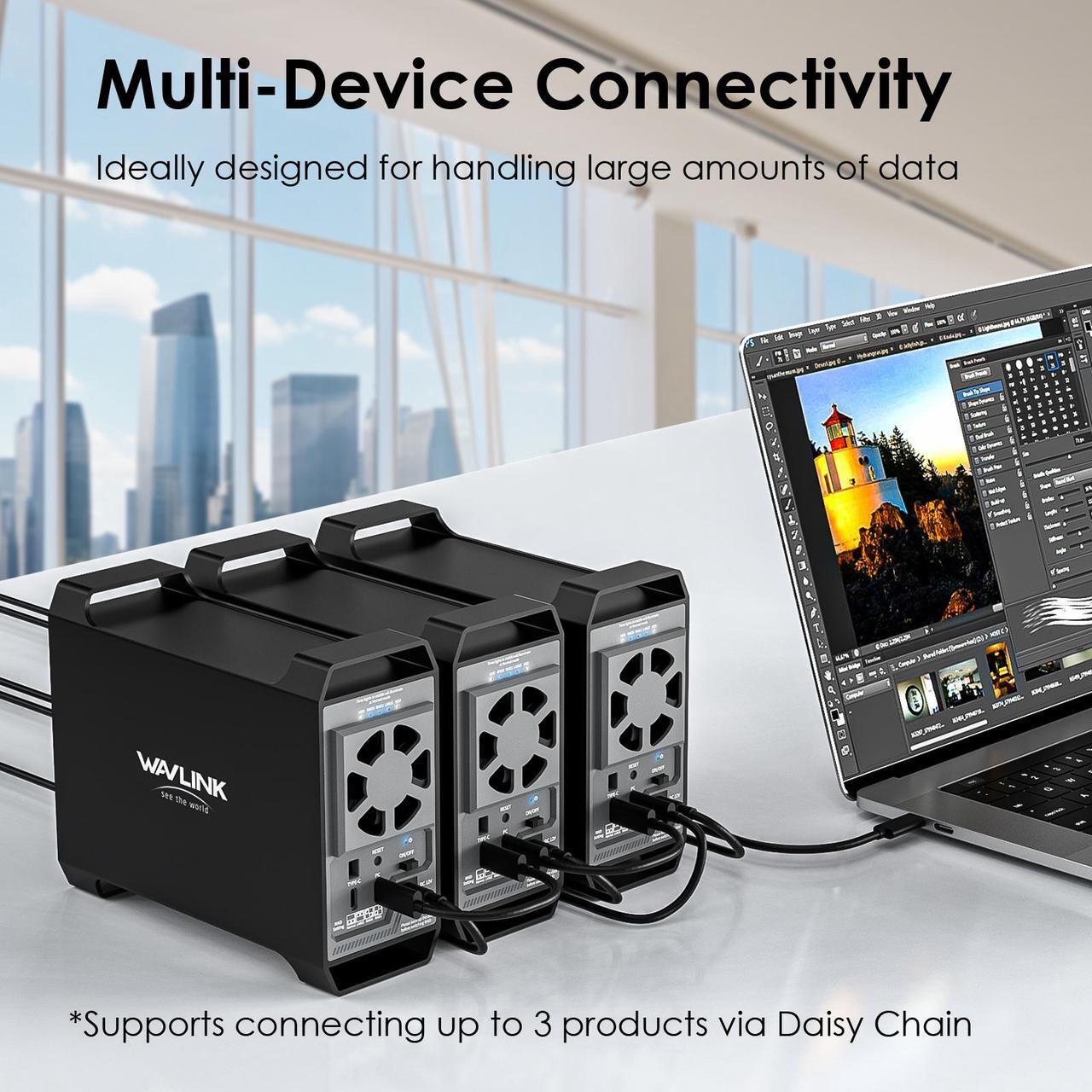 Alt view image 6 of 7 - WAVLINK 2-Bay Hard Drive Enclosure for 3.5" and 2.5'' SATA HDD/SSD Featuring 10Gbps USB-C 3.2, 44TB Capacity, Built-in Cooling Fans, 4 RAID Modes(RAID Normal/LARGE/1/0), Aluminum Alloy Shell