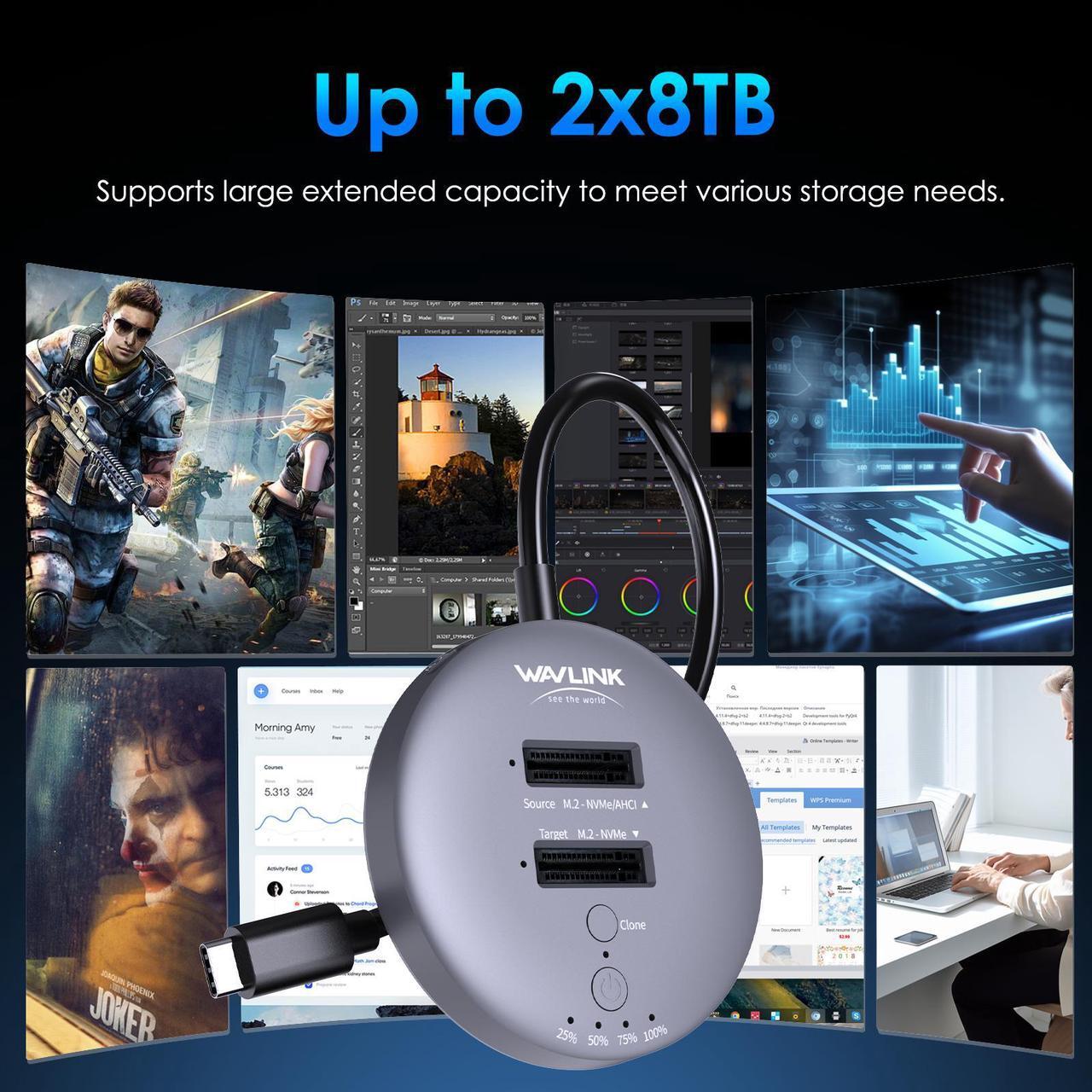 Alt view image 2 of 7 - WAVLINK M.2 NVMe SSD Cloner, 10G Dual-Bay NVMe to USB-C/A Docking Station, Supports One-Click Offline-Clone, 2x8TB Capacity, UASP, Tool&Driver-Free, Design for SSDs in Size 2230/2242/2260/2280/22110