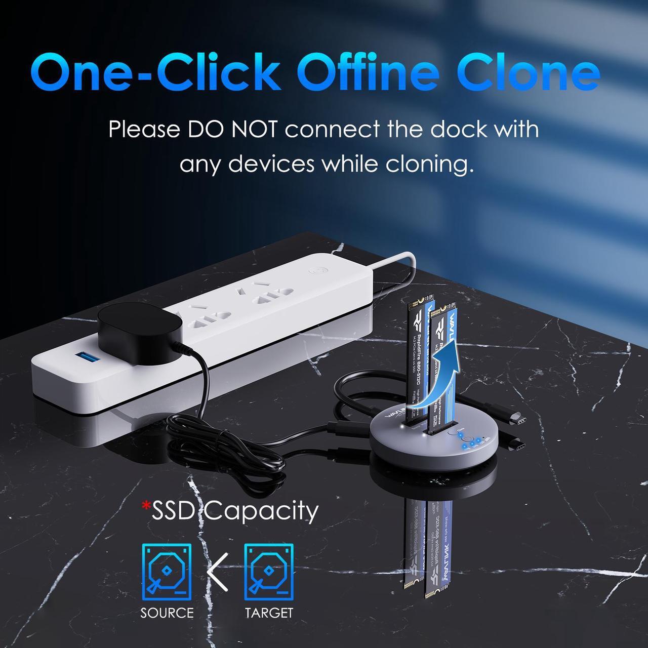 Alt view image 3 of 7 - WAVLINK M.2 NVMe SSD Cloner, 10G Dual-Bay NVMe to USB-C/A Docking Station, Supports One-Click Offline-Clone, 2x8TB Capacity, UASP, Tool&Driver-Free, Design for SSDs in Size 2230/2242/2260/2280/22110