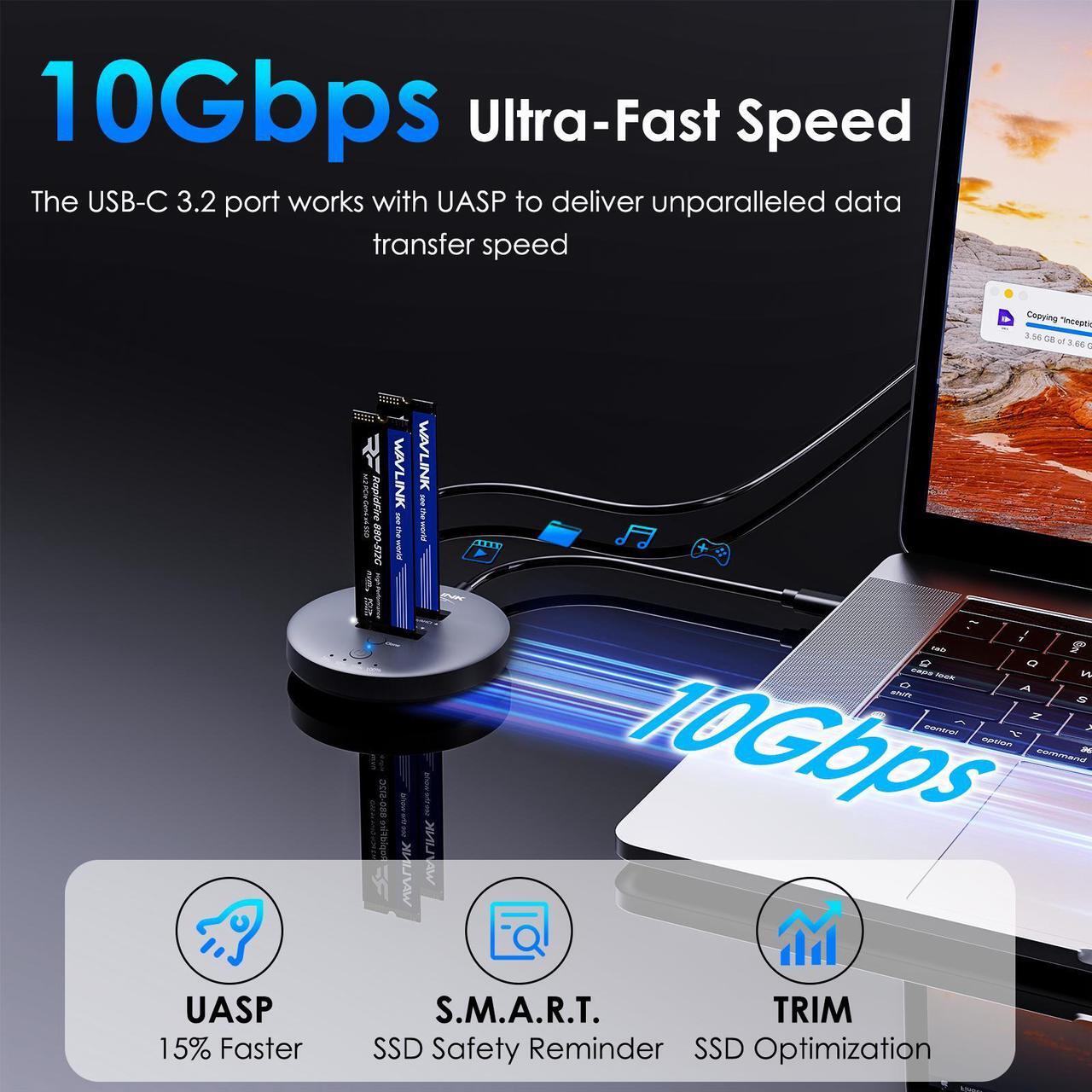 Alt view image 4 of 7 - WAVLINK M.2 NVMe SSD Cloner, 10G Dual-Bay NVMe to USB-C/A Docking Station, Supports One-Click Offline-Clone, 2x8TB Capacity, UASP, Tool&Driver-Free, Design for SSDs in Size 2230/2242/2260/2280/22110