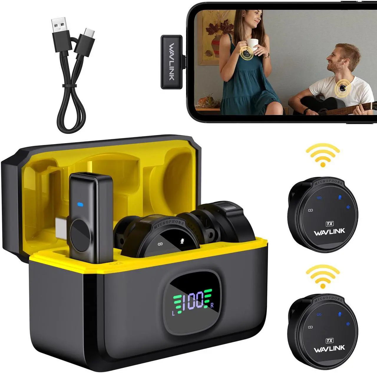 Main image of WAVLINK Wireless Lavalier Microphone for iPhone 15 Android Vlog, Clip on Lapel Dual Mic System & USB-C Input & Battery Case for YouTube Facebook Live, Video Recording(2*TX+1*RX)