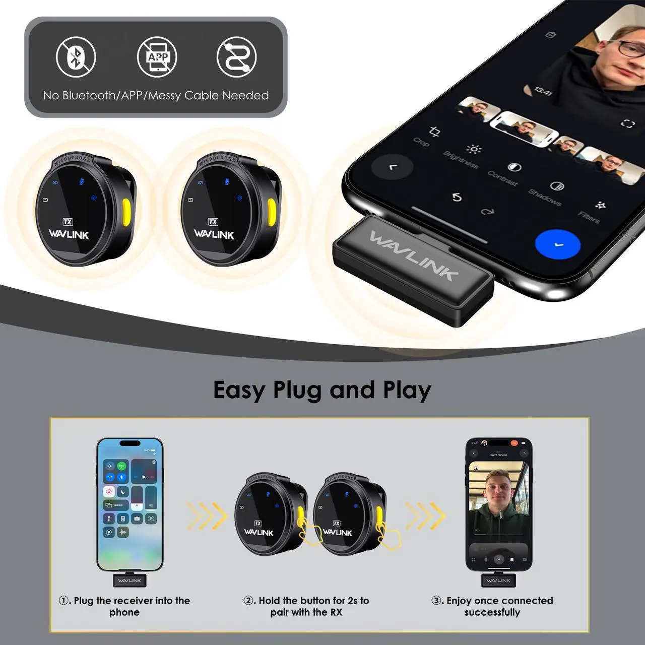 Alt view image 2 of 7 - WAVLINK Wireless Lavalier Microphone for iPhone 15 Android Vlog, Clip on Lapel Dual Mic System & USB-C Input & Battery Case for YouTube Facebook Live, Video Recording(2*TX+1*RX)