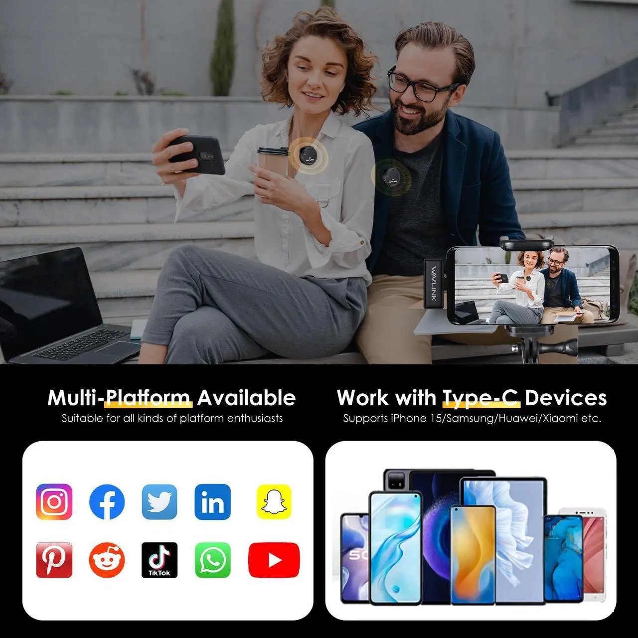 Alt view image 6 of 7 - WAVLINK Wireless Lavalier Microphone for iPhone 15 Android Vlog, Clip on Lapel Dual Mic System & USB-C Input & Battery Case for YouTube Facebook Live, Video Recording(2*TX+1*RX)