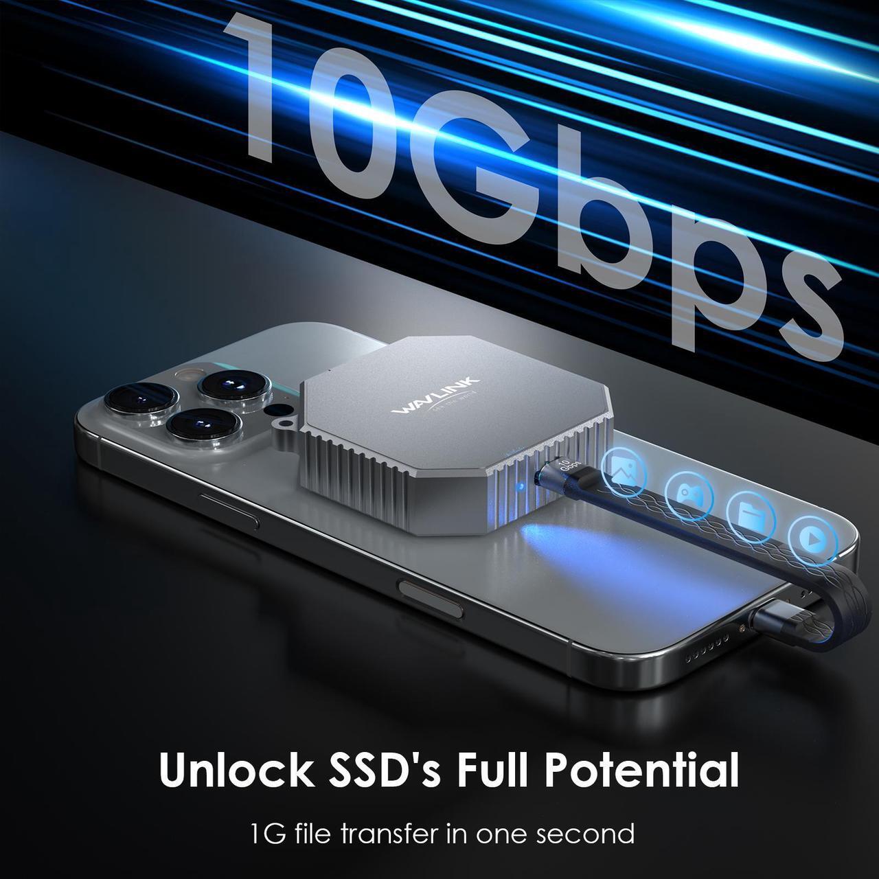 Alt view image 2 of 7 - WAVLINK Magnetic M.2 2230 NVMe SSD Enclosure, 10Gbps USB C 3.2 Gen2 to NVMe Adapter, Aluminum External Case for iPhone 16/15 Pro Max ProRes, Supports M and B+M Key NVMe SSD(up to 8TB)